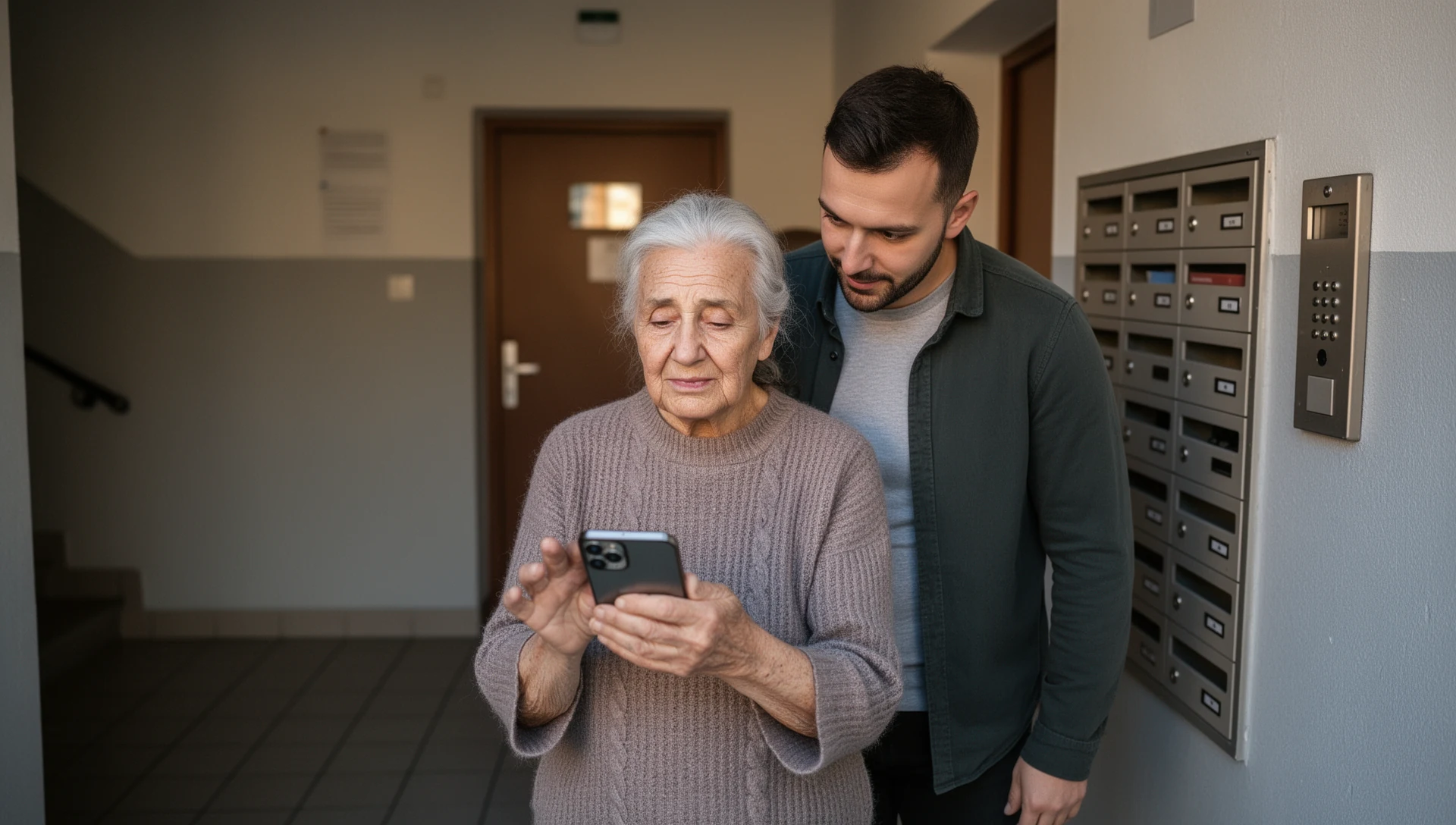 Idősebb férfi felnőtt fiával egy androidos telefont ellenőriz egy közösségi üvegház mellett