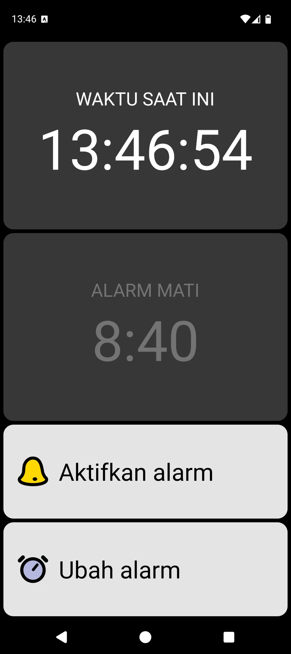 Layar BIG Alarm dengan penunjuk waktu dan tombol alarm berukuran besar