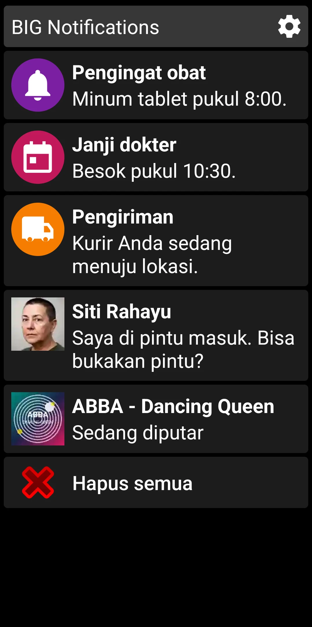 Daftar BIG Notifications yang menampilkan notifikasi Android berukuran besar