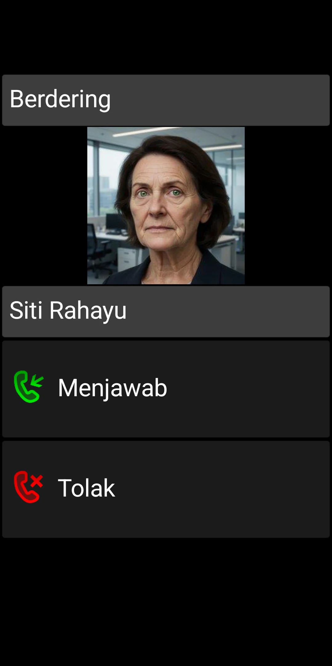 Layar panggilan masuk BIG Phone dengan tombol Jawab dan Tolak berukuran besar