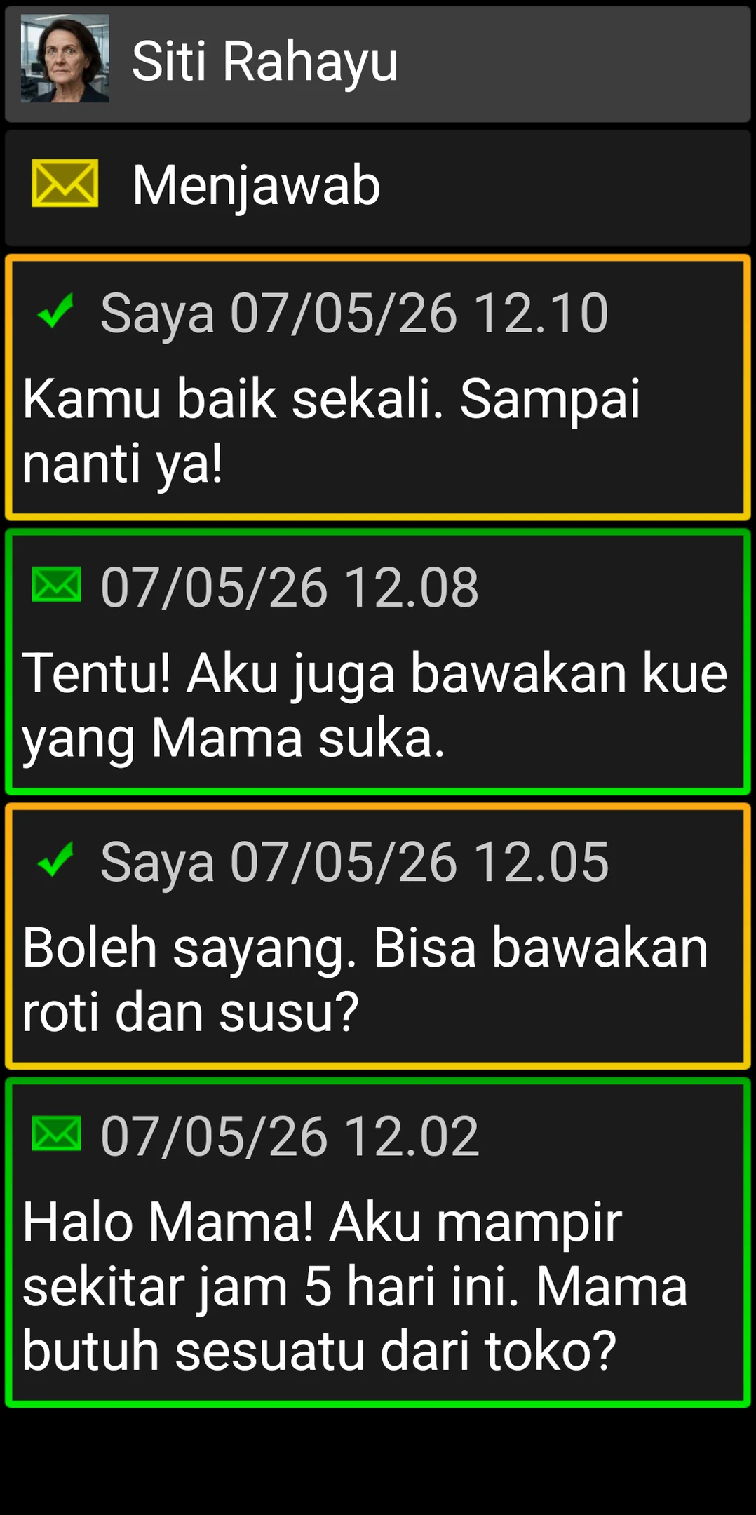 Percakapan BIG SMS dengan kartu pesan besar dan kontras tinggi