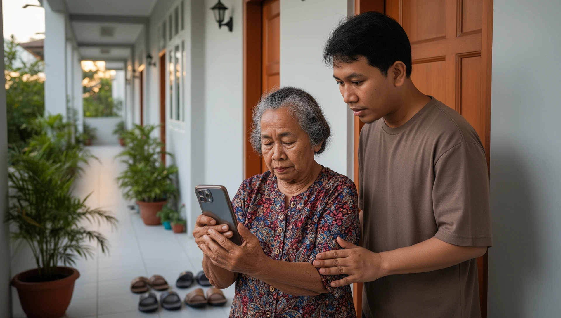 Pria lansia memeriksa ponsel Android bersama putranya di dekat rumah kaca komunitas