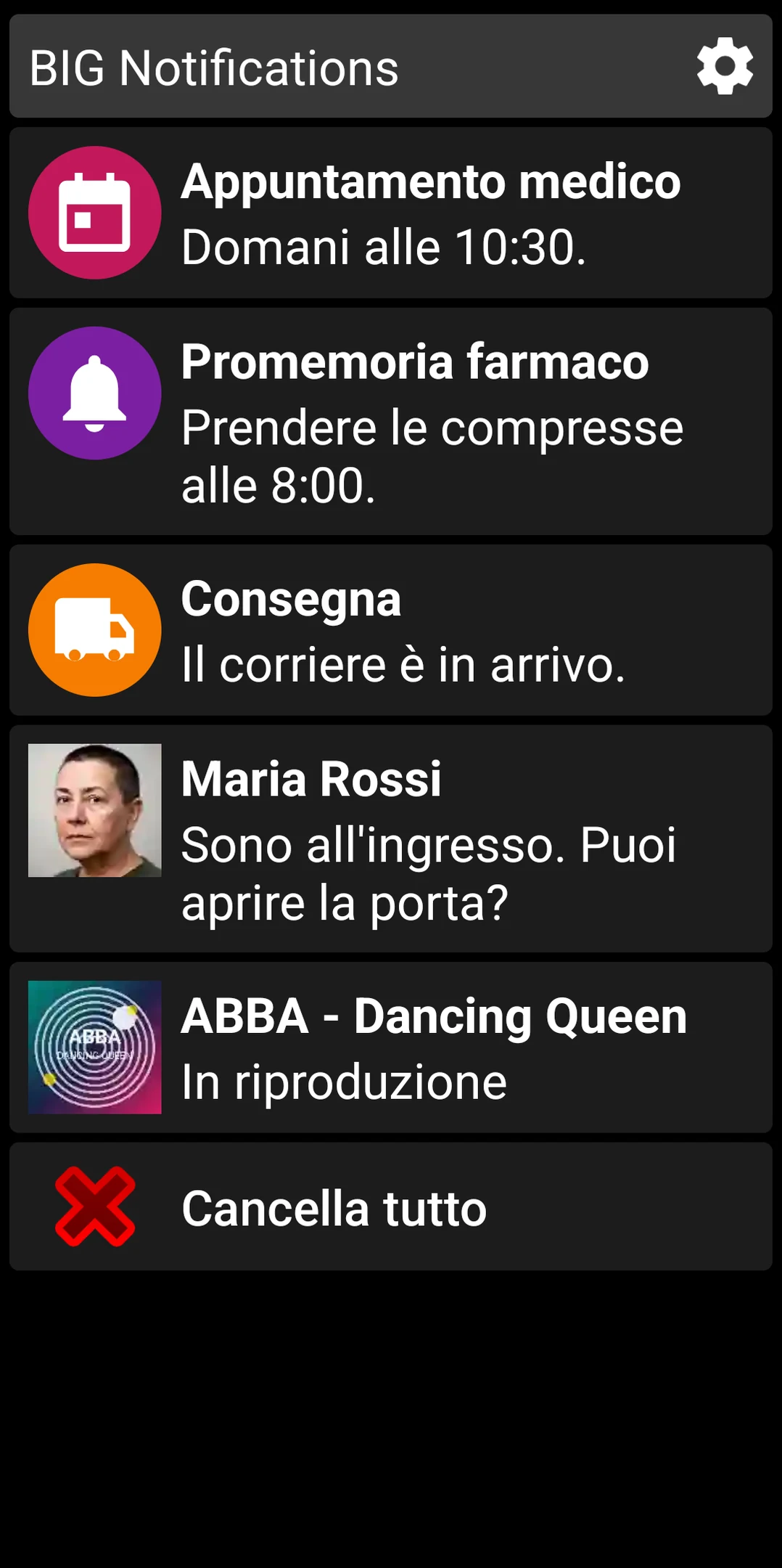 Elenco di BIG Notifications che mostra le notifiche Android ingrandite