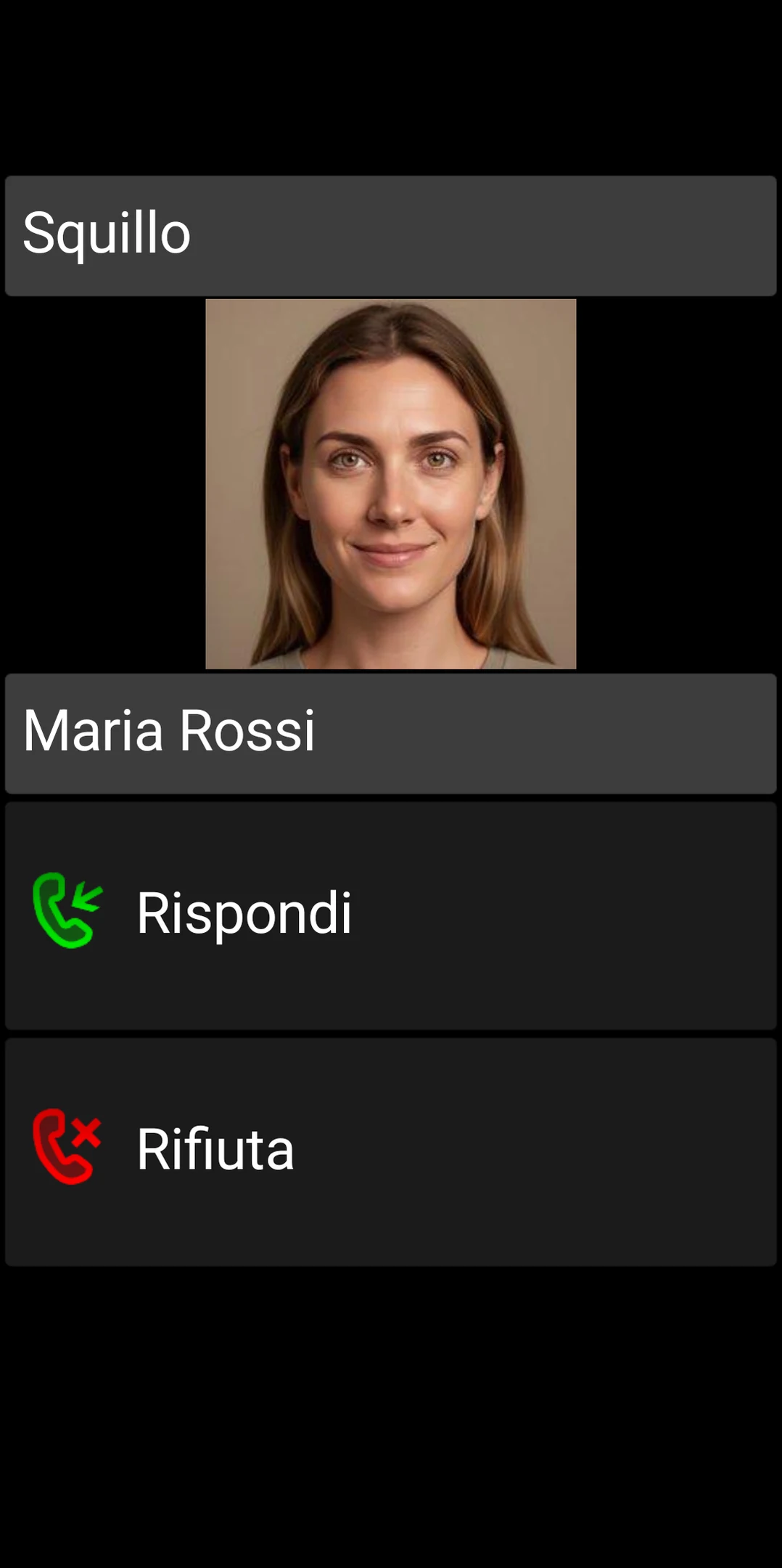 Schermata di chiamata in arrivo di BIG Phone con comandi grandi per Rispondere e Rifiutare