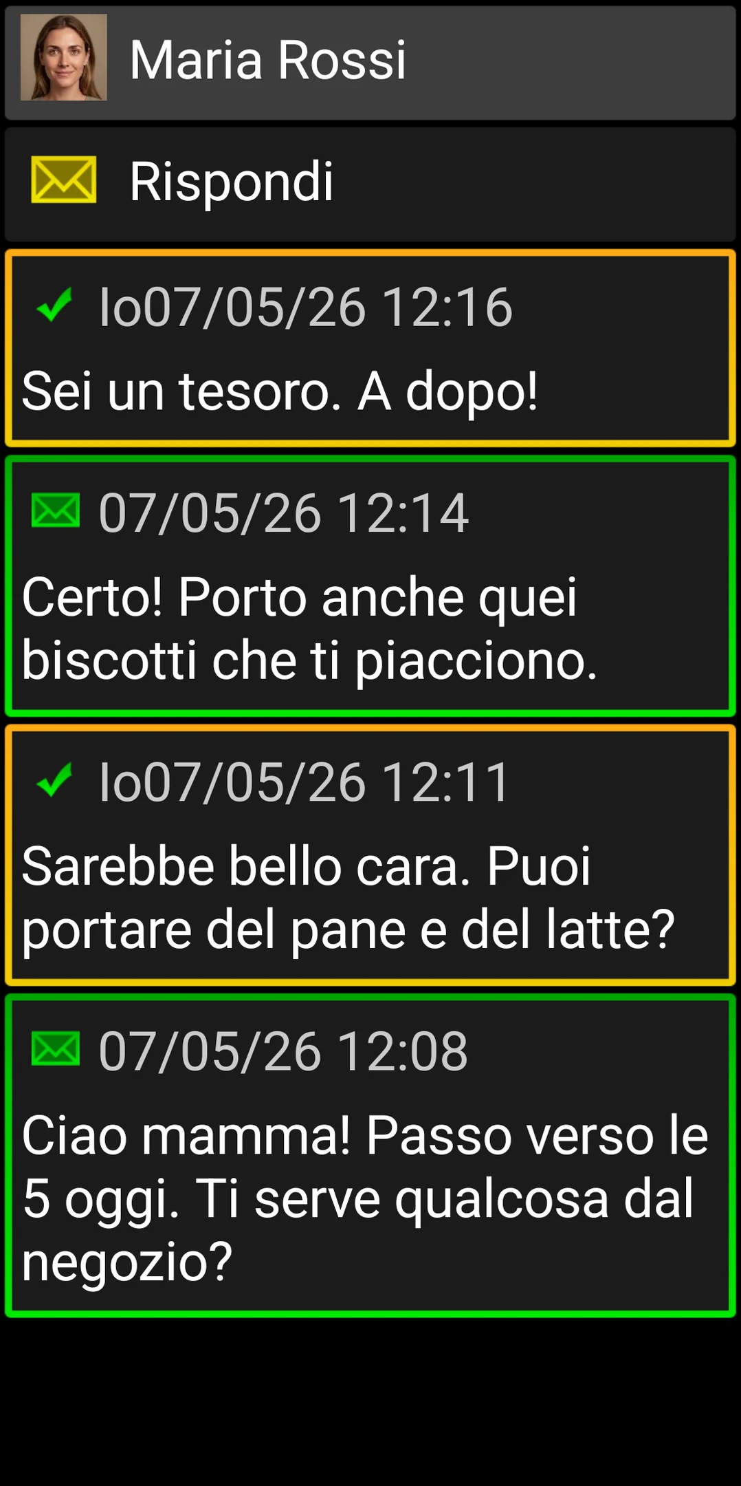 Conversazione di BIG SMS con schede dei messaggi grandi ad alto contrasto