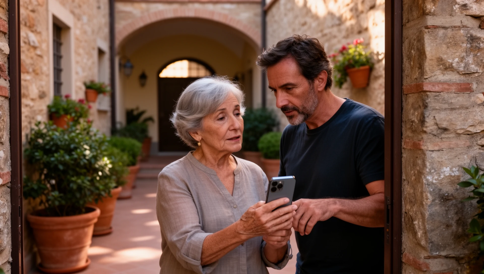 Uomo anziano che controlla un telefono Android con il figlio adulto accanto a una serra comunitaria