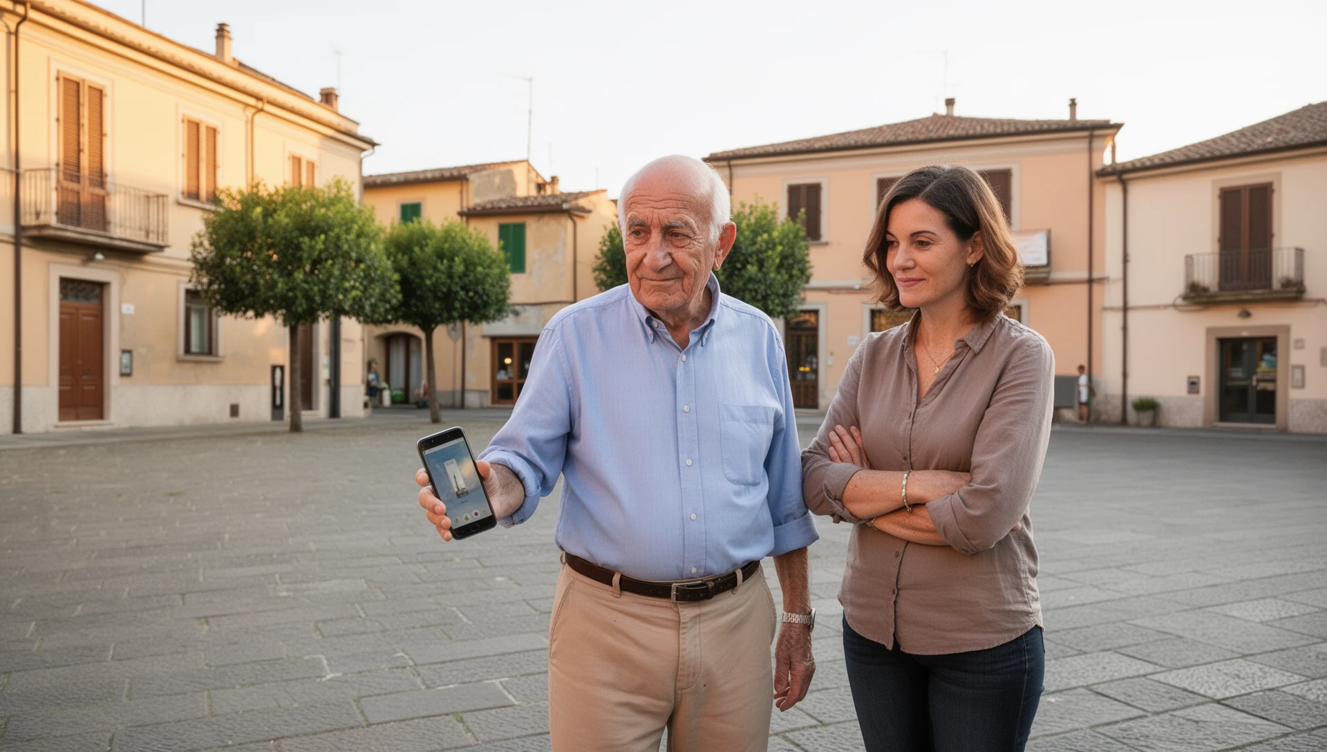 Uomo anziano che testa in autonomia uno smartphone mentre aspetta alla fermata dell'autobus