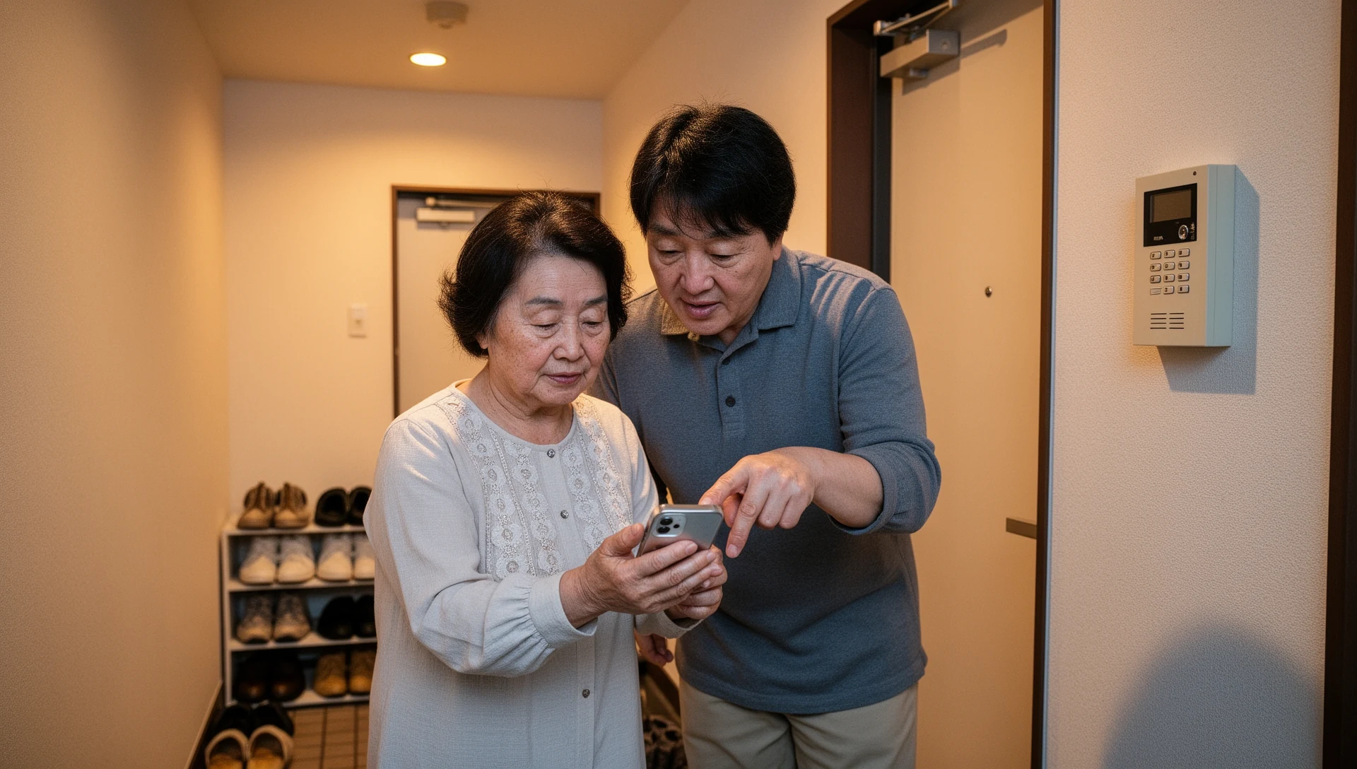地域の温室のそばで、大人の息子と一緒にAndroidスマートフォンを確認している高齢の男性