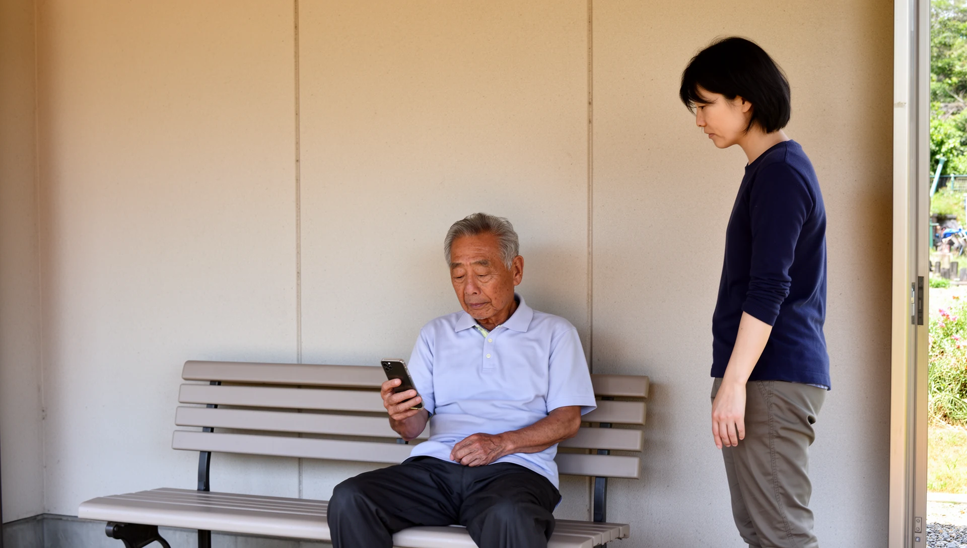 バス停で待ちながらスマートフォンを一人でテストしている高齢の男性