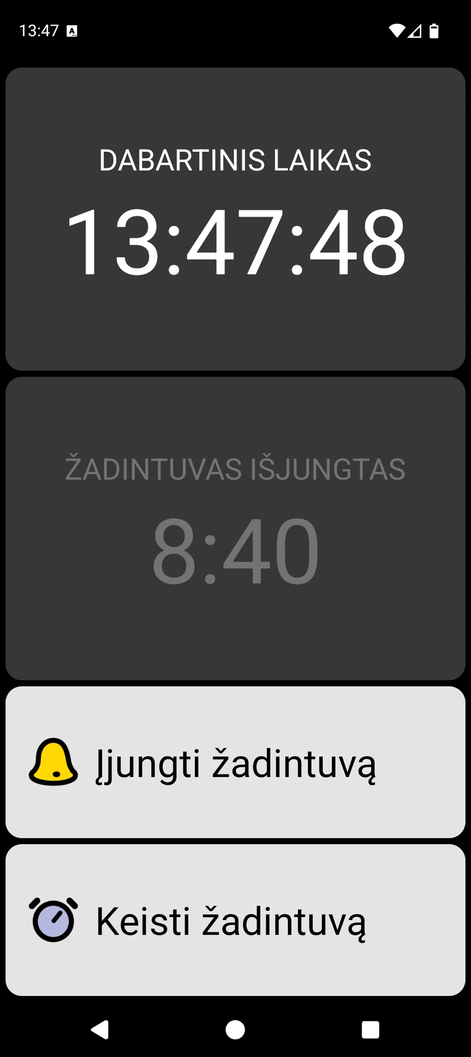 „BIG Alarm“ ekranas su dideliu laikrodžiu ir dideliais žadintuvo valdikliais