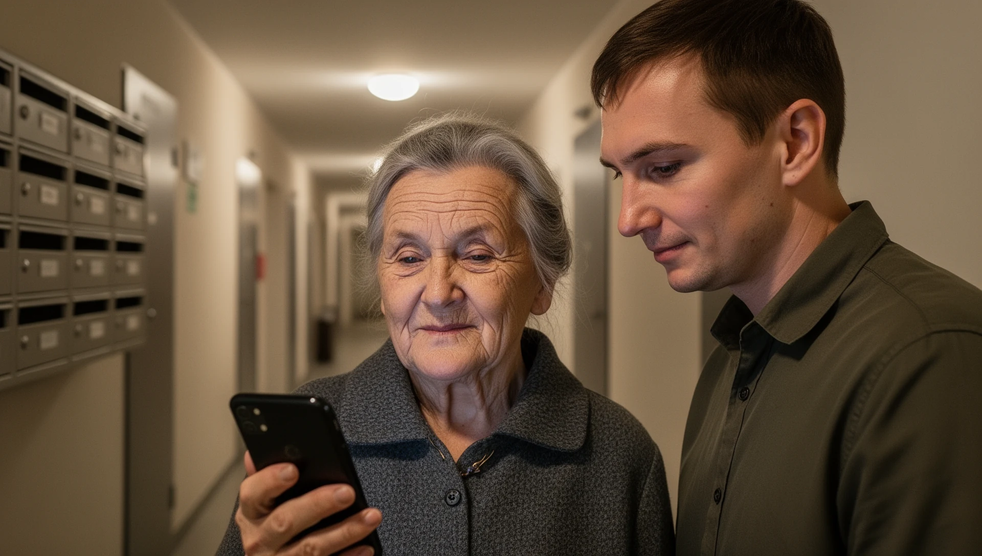 Vyresnio amžiaus vyras su sūnumi tikrina „Android“ telefoną prie bendruomenės šiltnamio