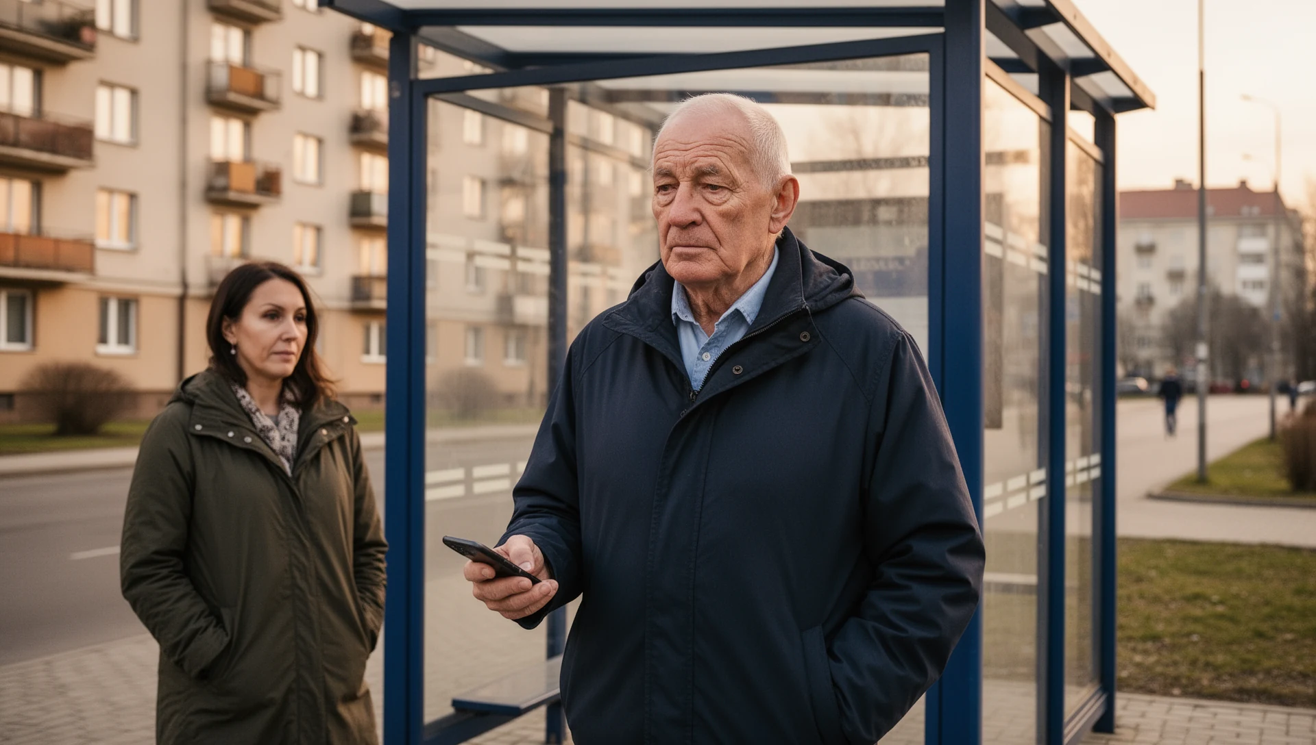 Vyresnio amžiaus vyras savarankiškai bando išmanųjį telefoną laukdamas autobuso