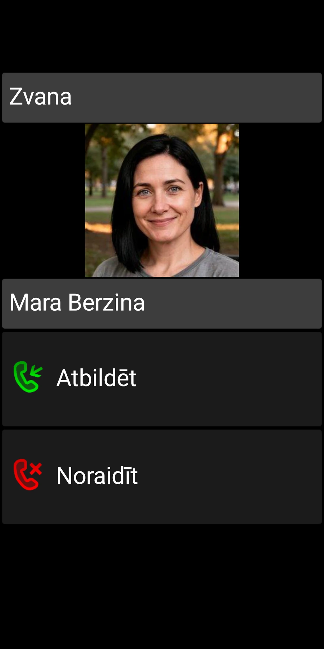 BIG Phone ienākošā zvana ekrāns ar lielām atbildēšanas un noraidīšanas vadīklām