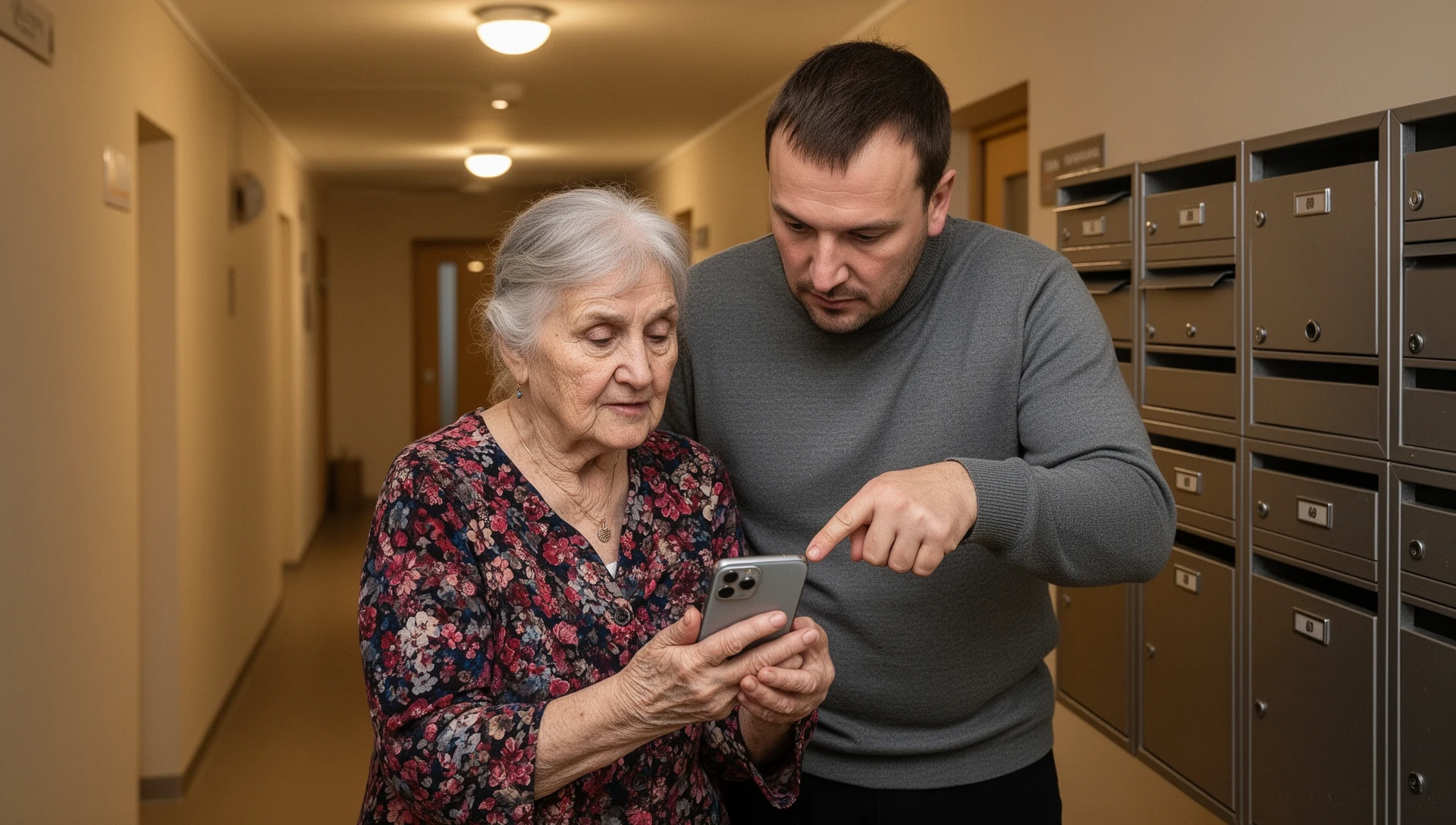 Gados vecāks vīrietis pārbauda Android tālruni kopā ar savu pieaugušo dēlu pie kopienas siltumnīcas