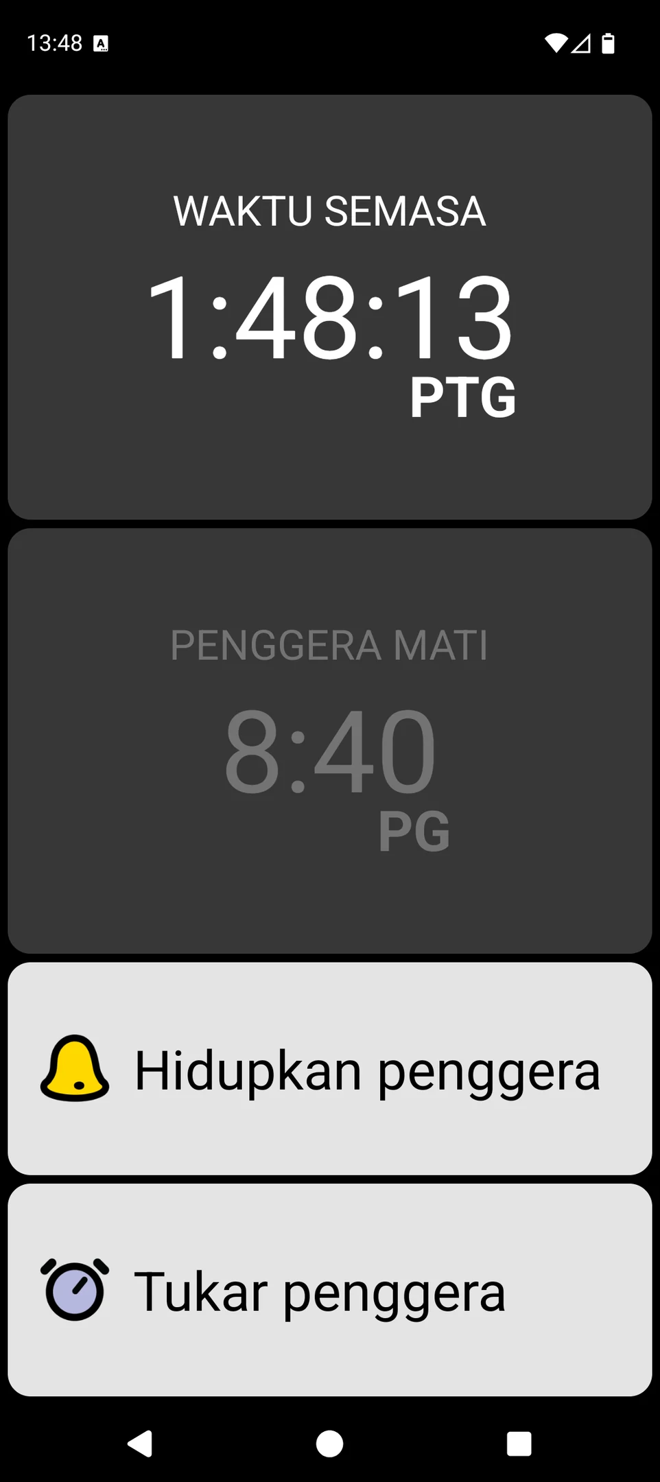 Skrin BIG Alarm dengan paparan masa semasa dan kawalan penggera yang besar