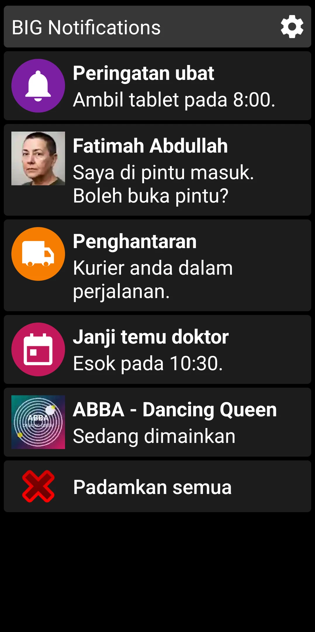 Senarai BIG Notifications menunjukkan pemberitahuan Android yang dibesarkan