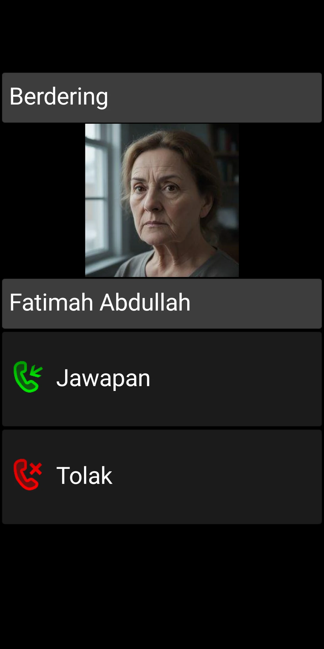 Skrin panggilan masuk BIG Phone dengan kawalan Jawab dan Tolak yang besar