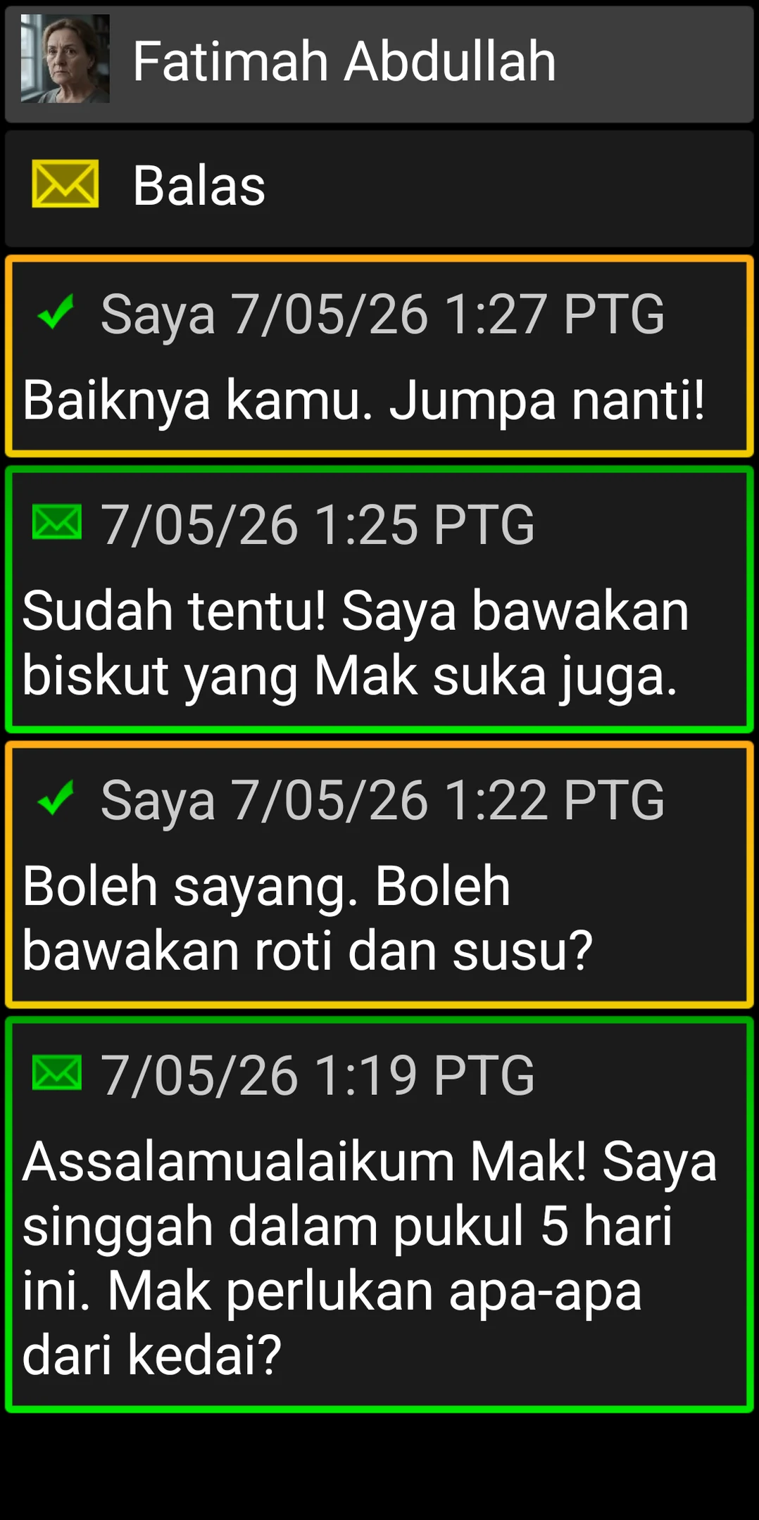 Perbualan BIG SMS dengan kad mesej besar berkontras tinggi