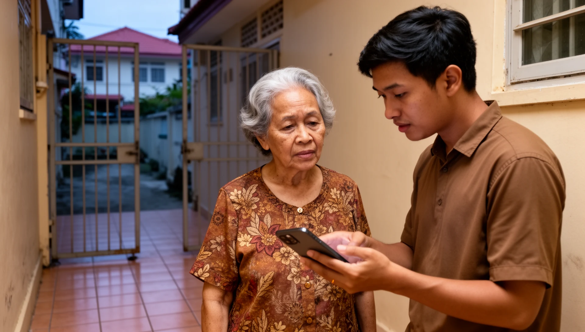 Lelaki warga emas memeriksa telefon Android bersama anak lelakinya di sebelah rumah hijau komuniti