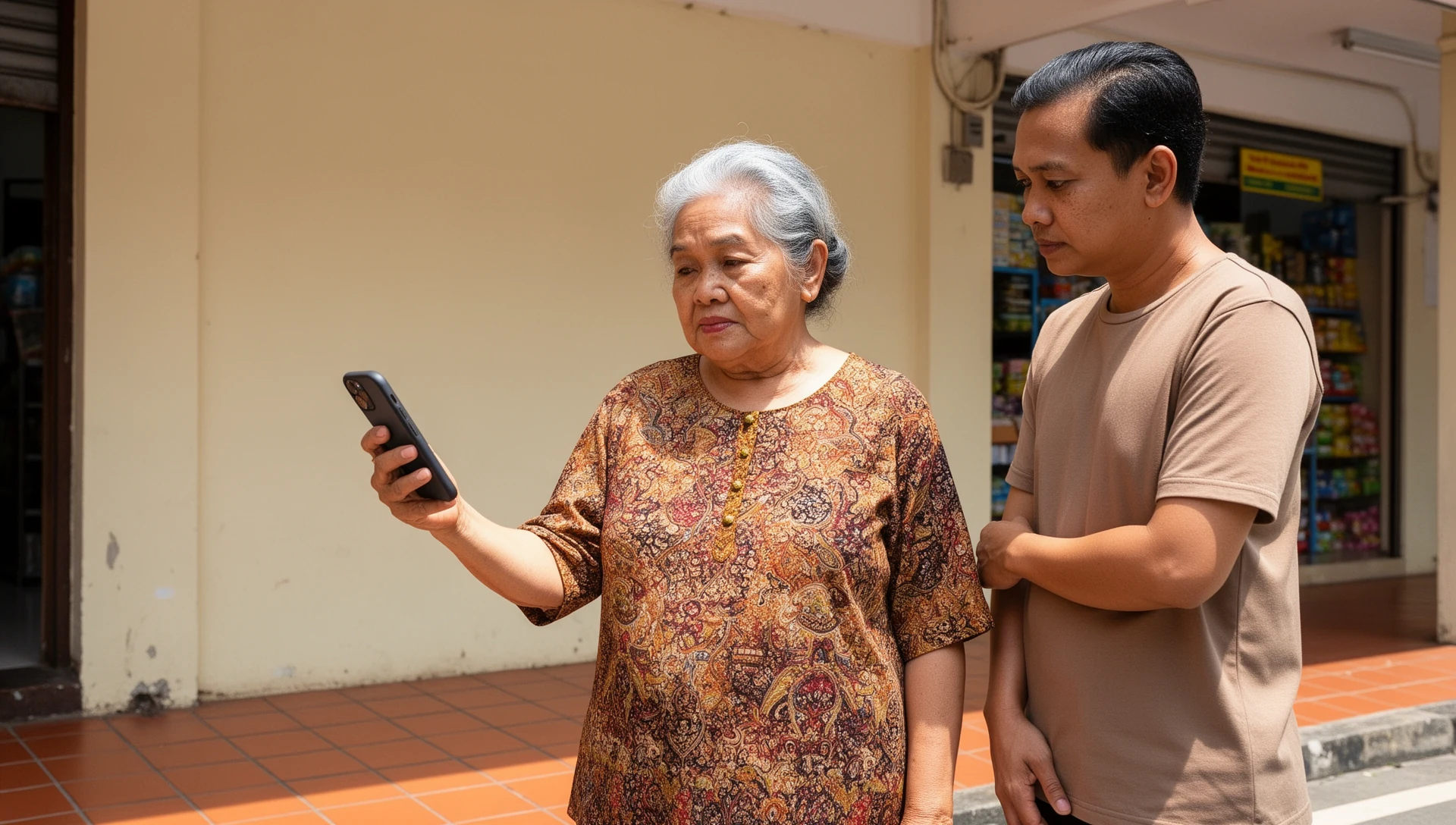 Lelaki warga emas menguji telefon pintar secara berdikari sambil menunggu di perhentian bas