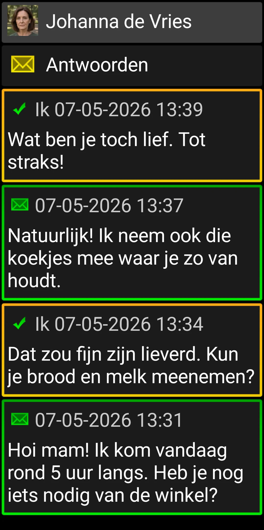 BIG SMS-gesprek met grote, contrastrijke berichtkaarten