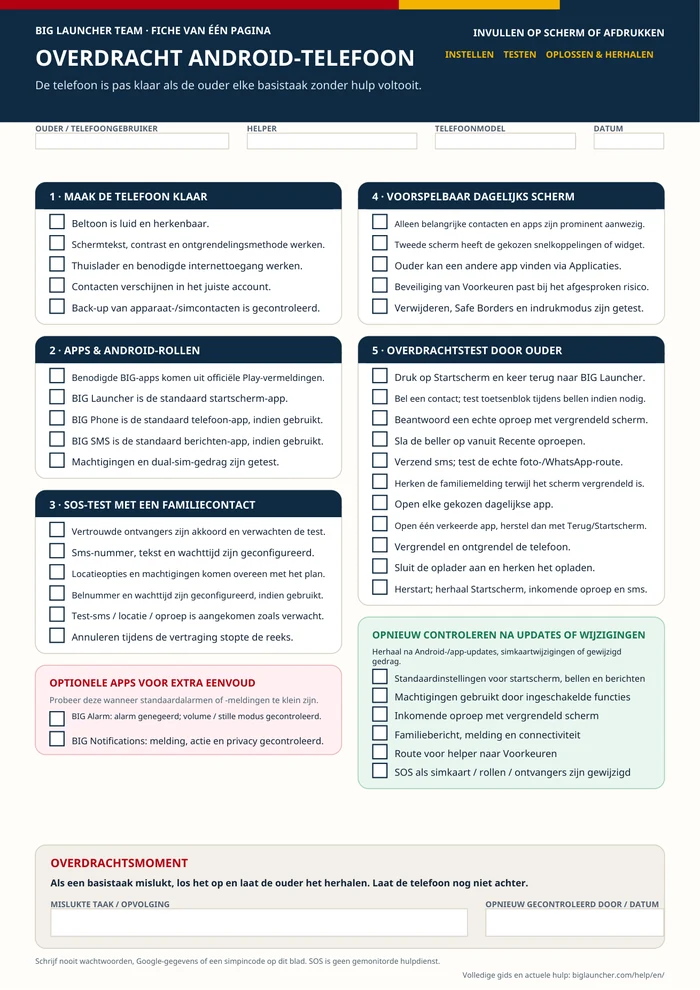 Voorbeeld van de checklist van één pagina voor de overdracht van een Android-telefoon