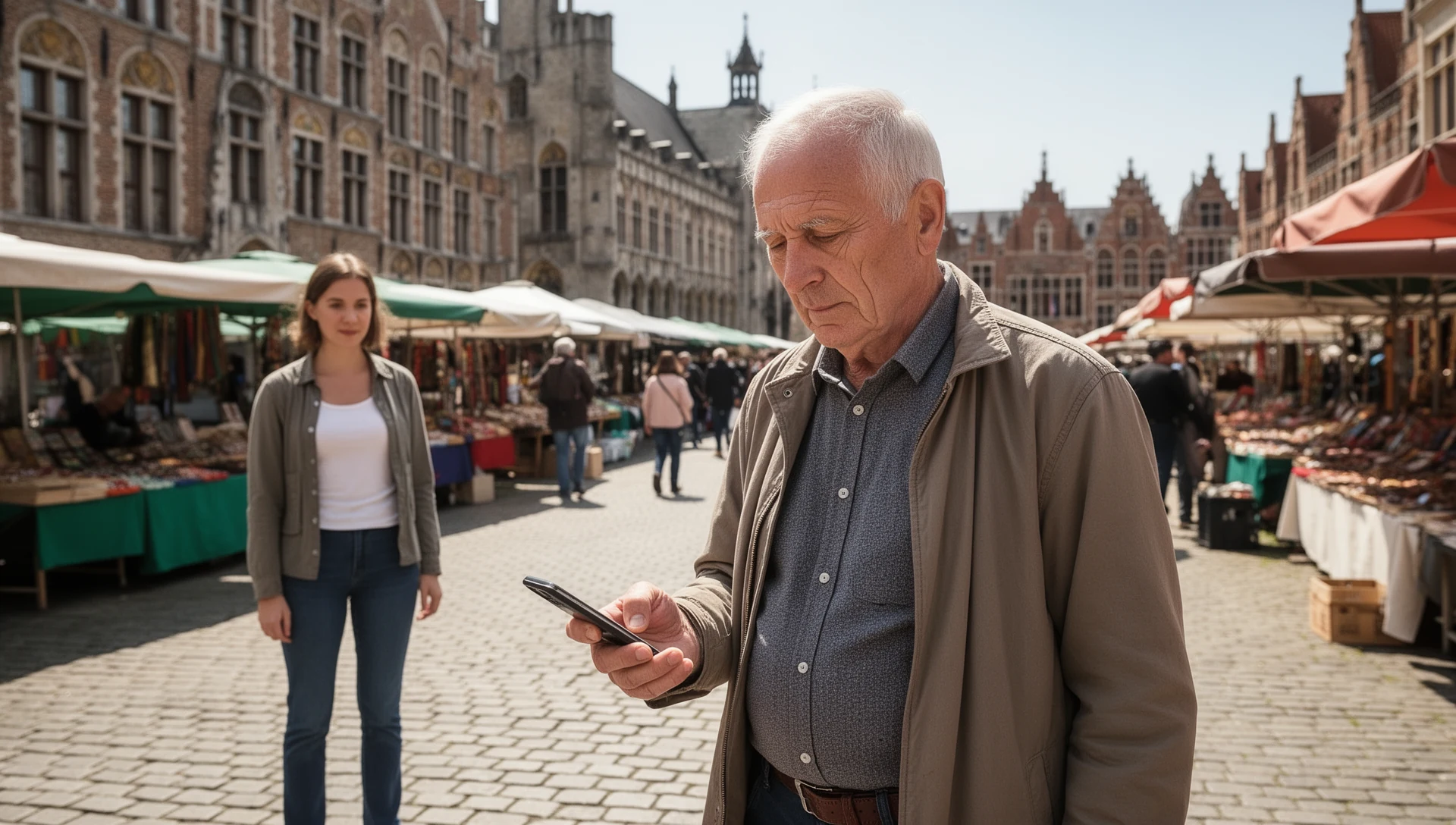 Oudere man die zelfstandig een smartphone test terwijl hij wacht bij een bushalte