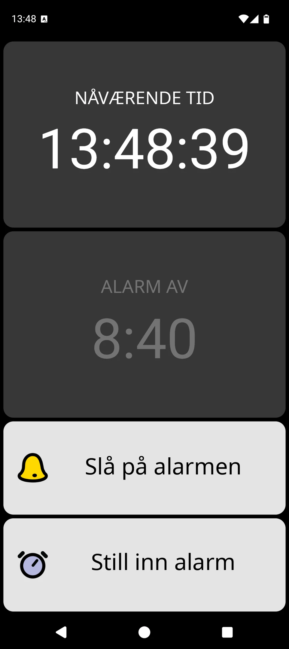 BIG Alarm-skjerm med stor klokke og store alarmkontroller