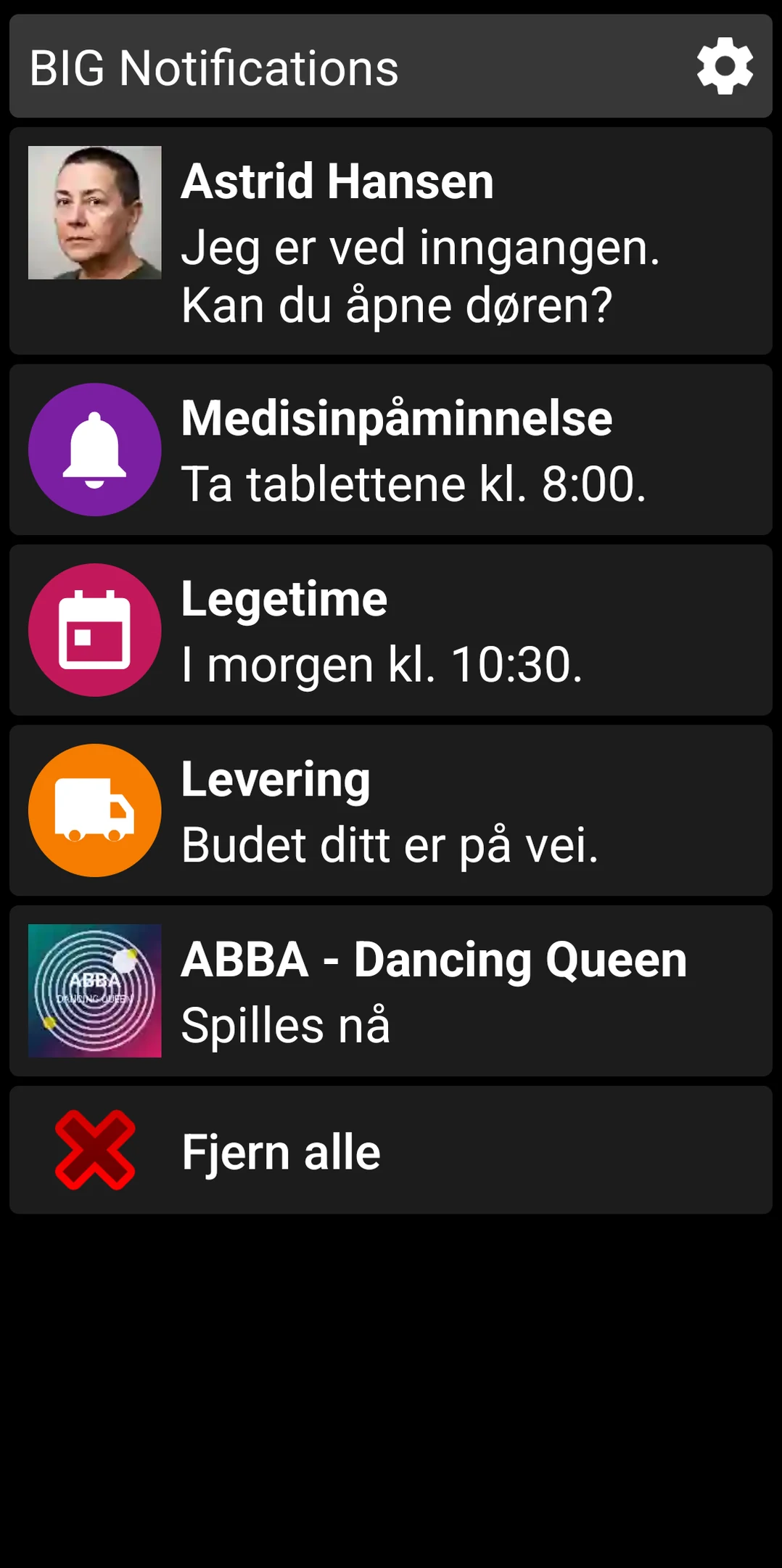BIG Notifications-liste som viser forstørrede Android-varsler