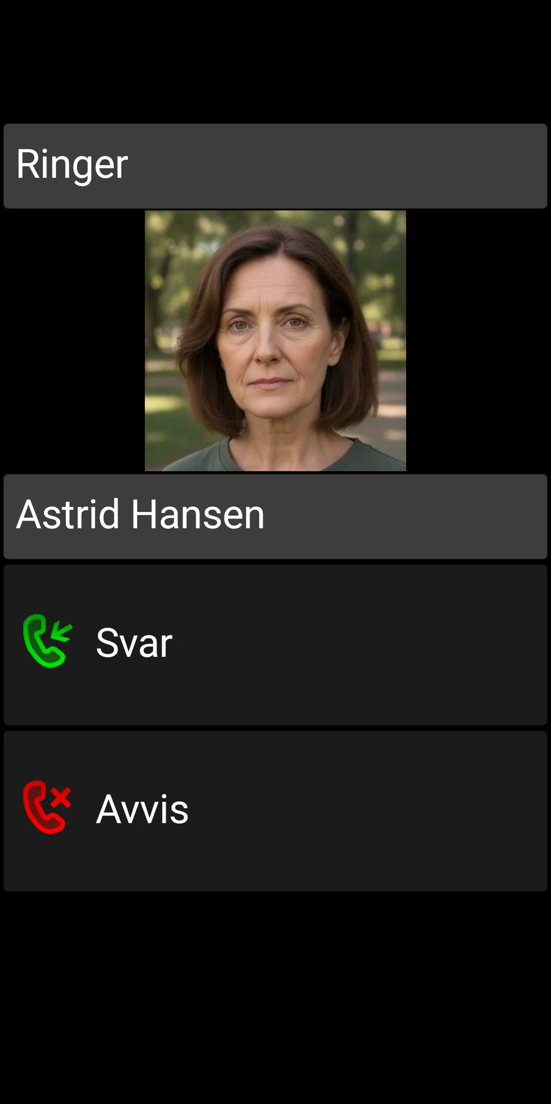 Skjerm for innkommende anrop i BIG Phone med store Svar- og Avvis-knapper