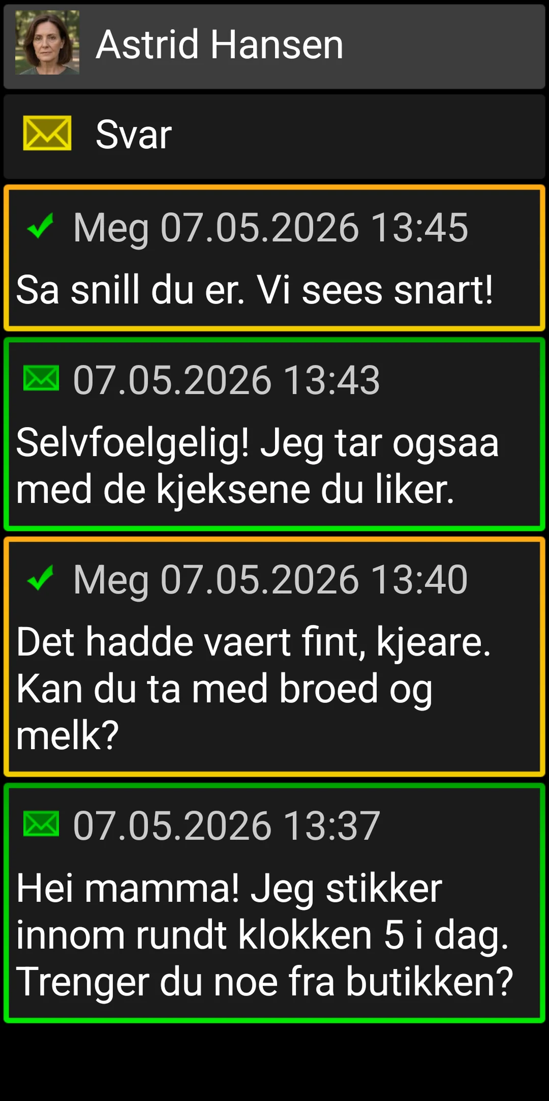 BIG SMS-samtale med store meldingskort i høy kontrast