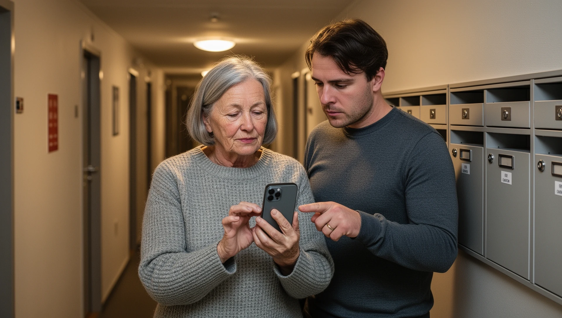 Eldre mann sjekker en Android-telefon sammen med sin voksne sønn ved et drivhus