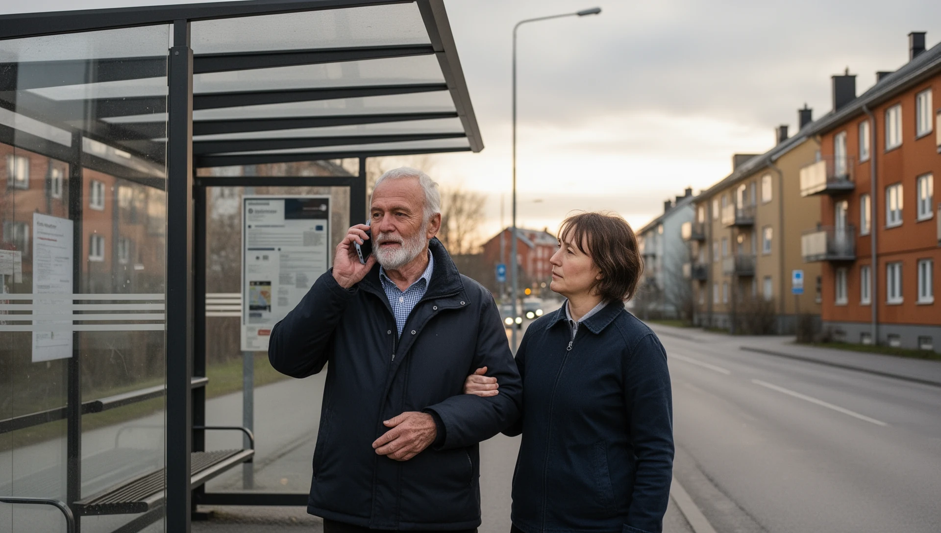 Eldre mann tester en smarttelefon på egen hånd mens han venter på bussen
