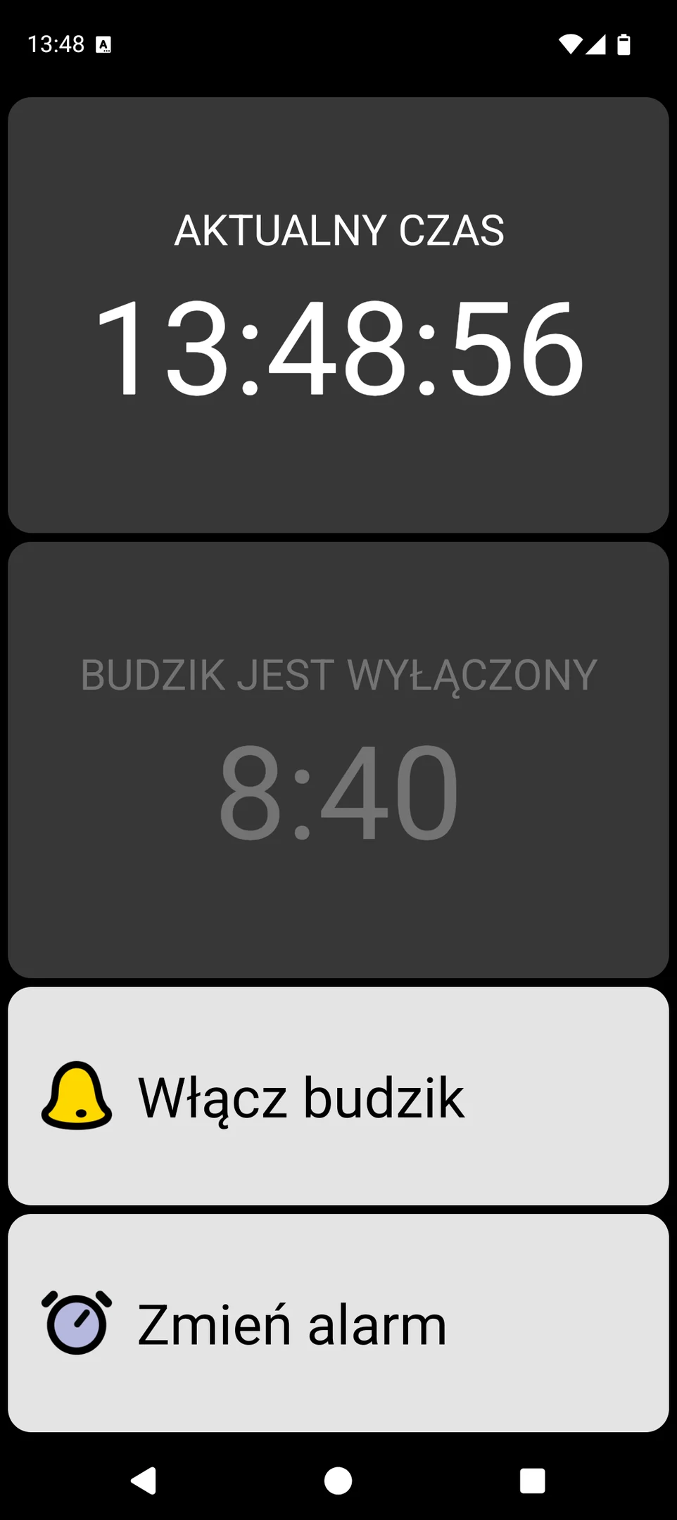 Ekran BIG Alarm z dużą aktualną godziną i dużymi elementami sterującymi alarmem
