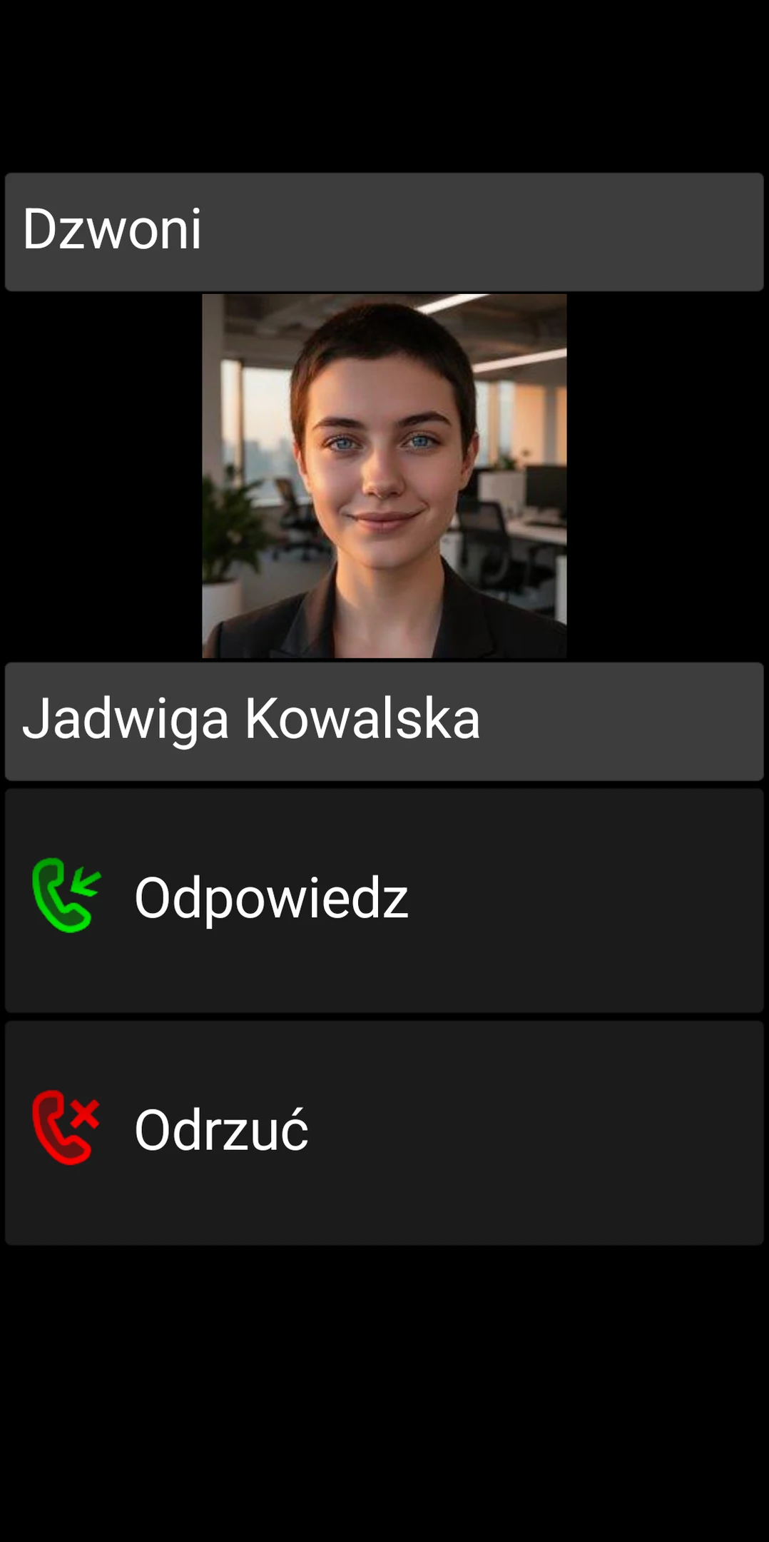 Ekran połączenia przychodzącego BIG Phone z dużymi przyciskami Odbierz i Odrzuć