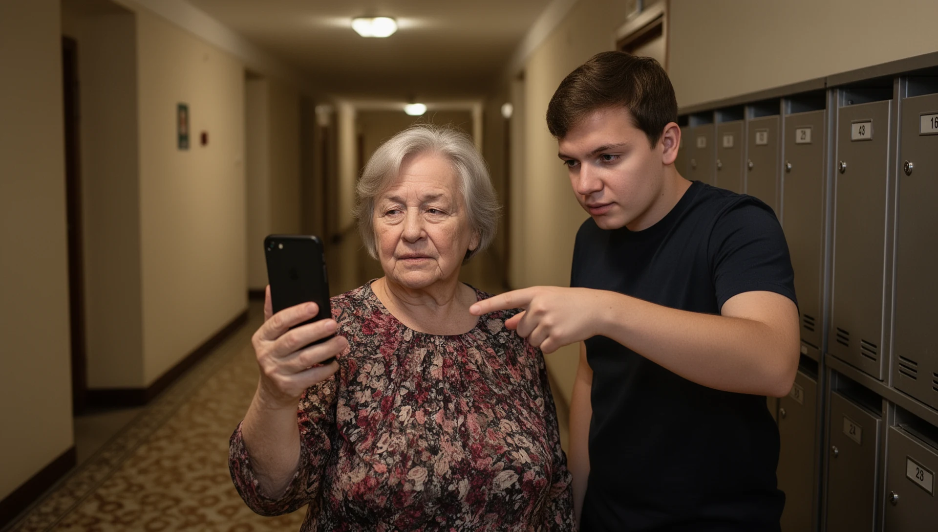 Starszy mężczyzna sprawdzający telefon z Androidem z dorosłym synem obok szklarni