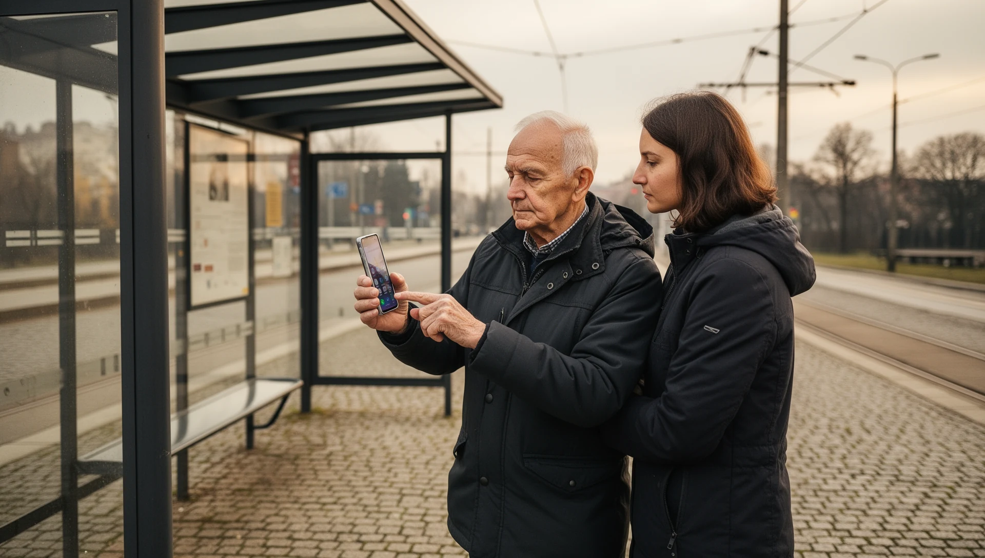 Starszy mężczyzna samodzielnie testujący smartfon, czekając na przystanku autobusowym