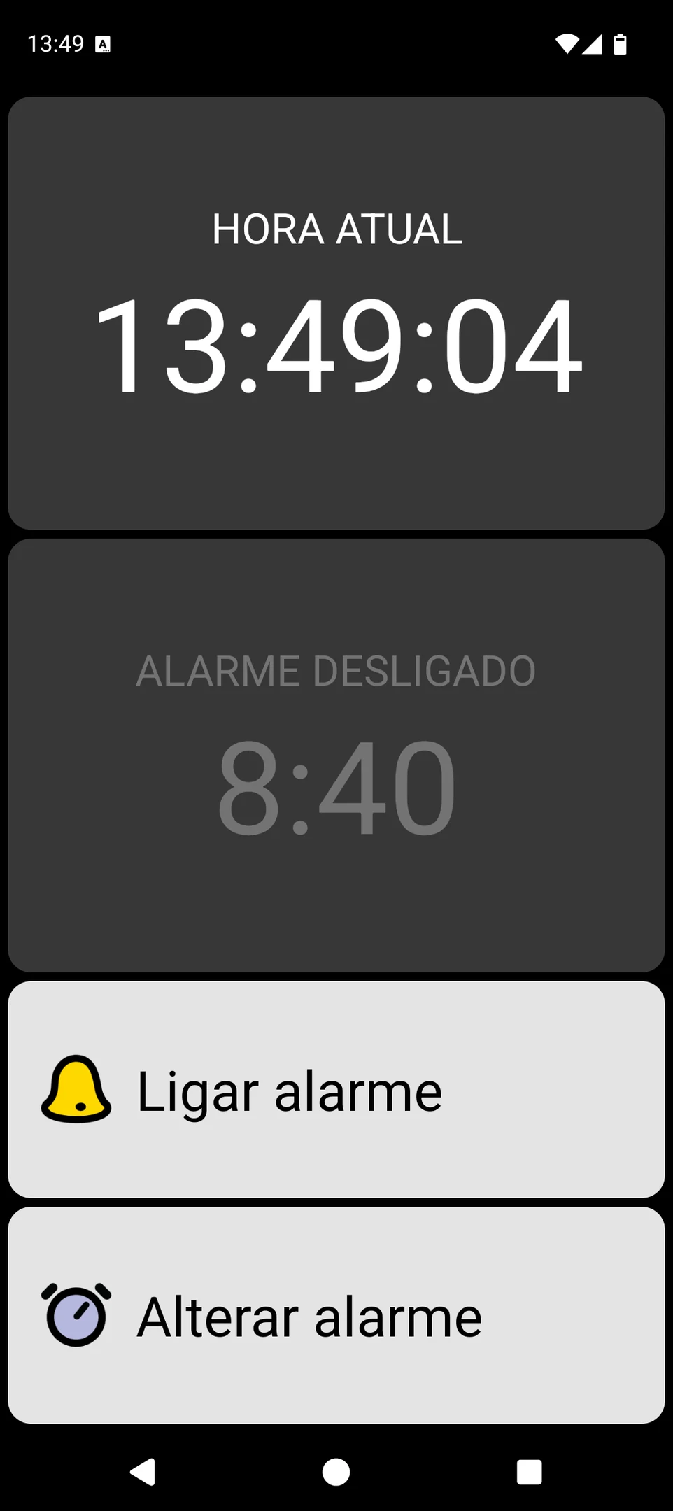 Tela do BIG Alarm com a hora atual e controles de alarme em tamanho grande