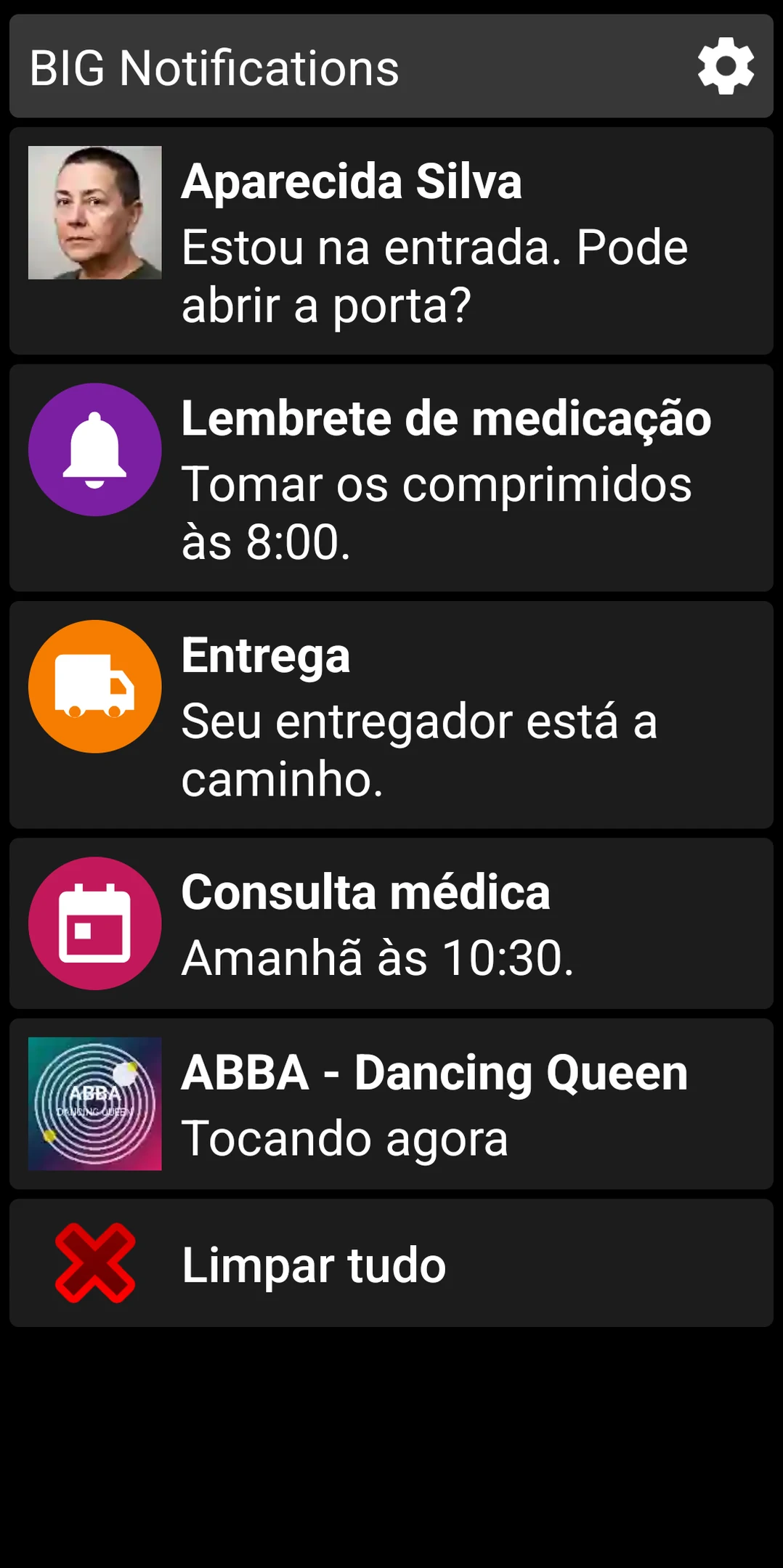 Lista do BIG Notifications mostrando notificações do Android ampliadas
