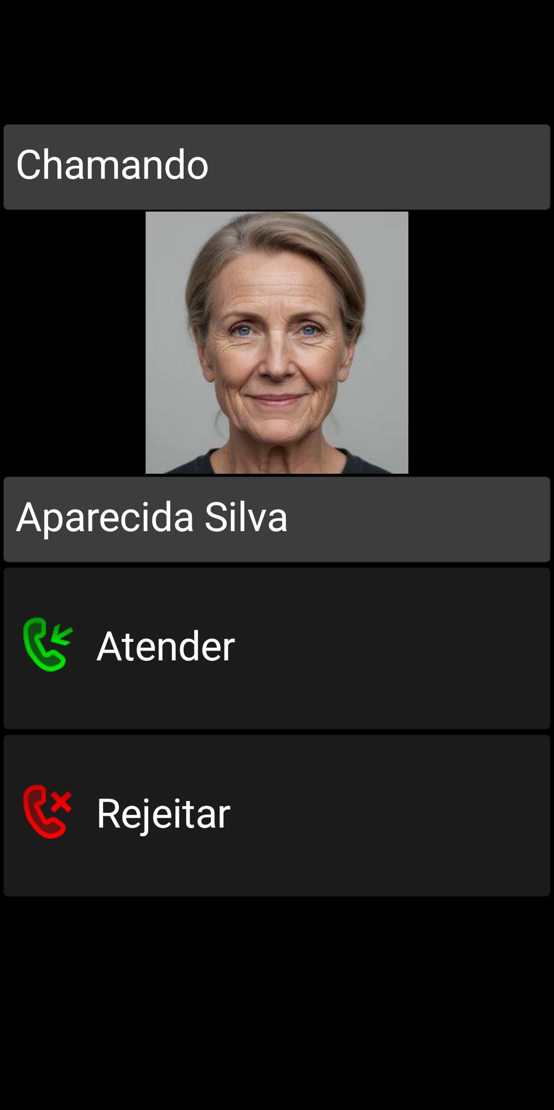 Tela de chamada recebida do BIG Phone com controles grandes de Atender e Rejeitar