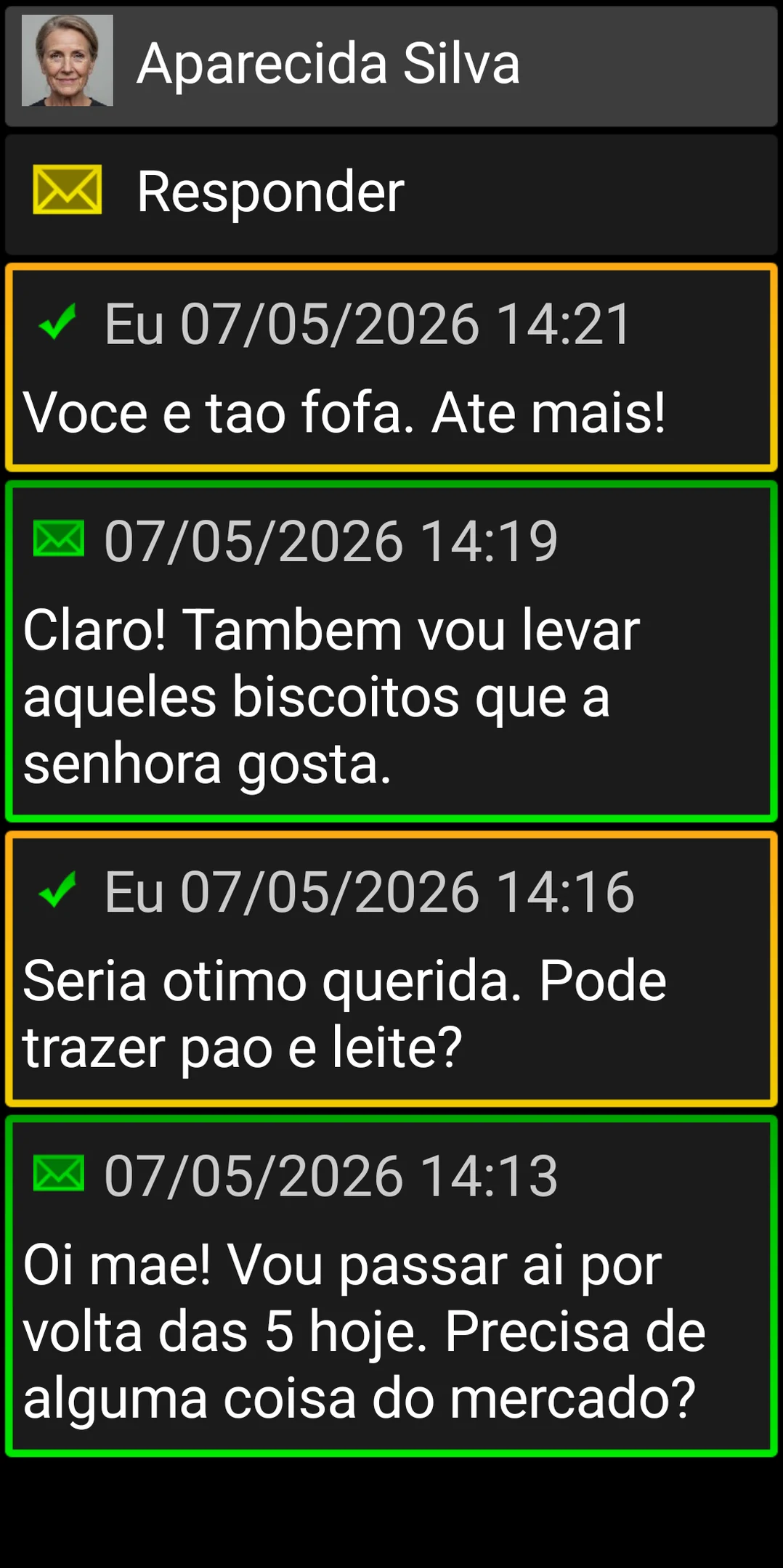 Conversa do BIG SMS com cartões de mensagem grandes e de alto contraste