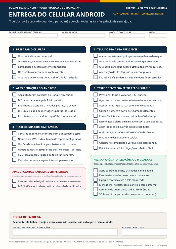 Pré-visualização do checklist de entrega do celular Android de uma página
