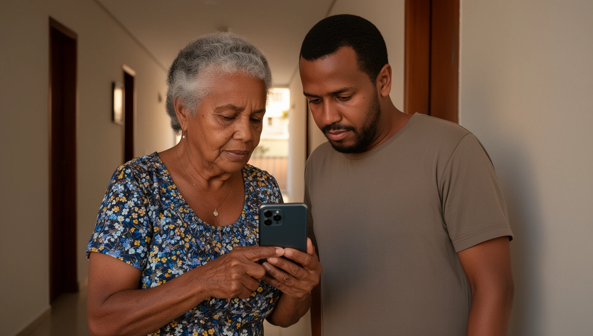 Homem mais velho verificando um celular Android com seu filho adulto ao lado de uma estufa comunitária