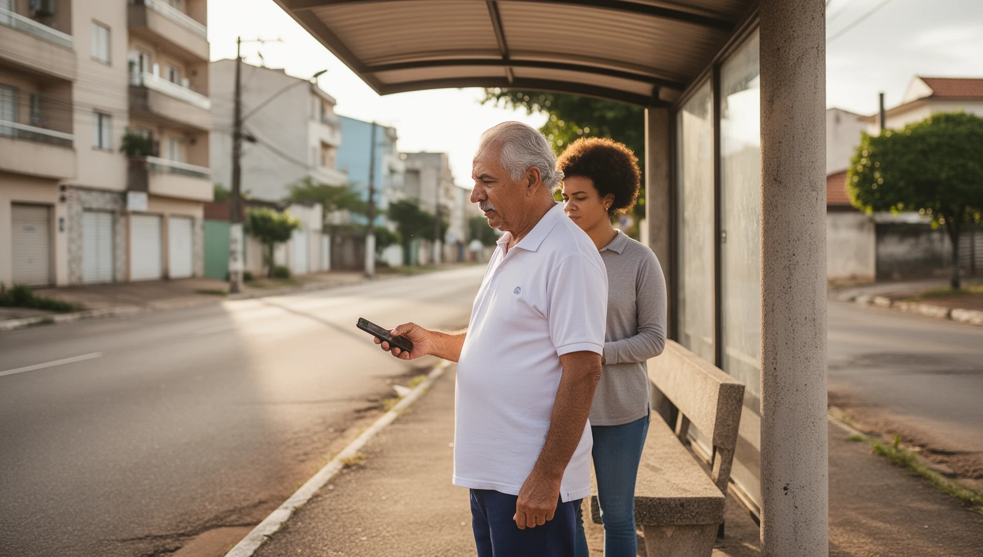 Homem mais velho testando um smartphone sozinho enquanto espera no ponto de ônibus