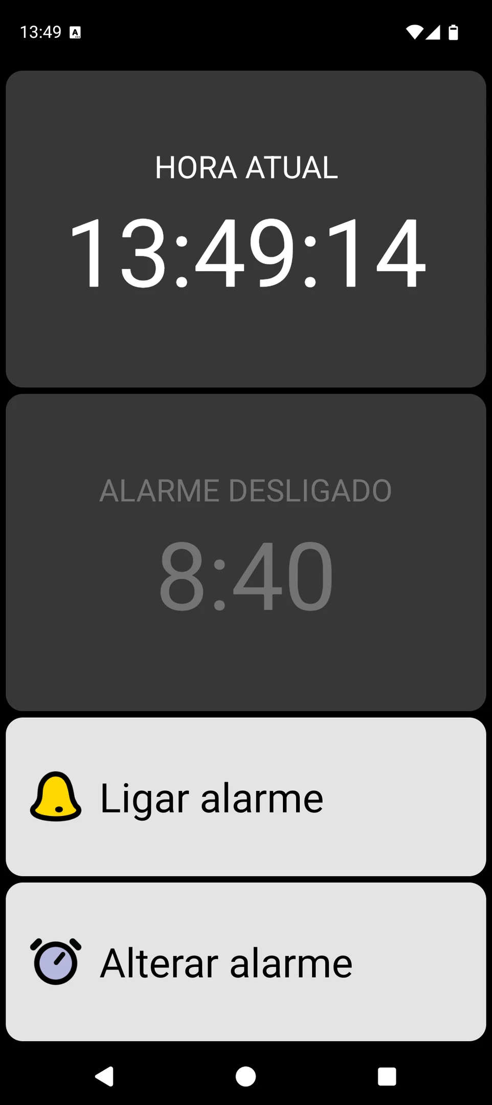 Ecrã do BIG Alarm com a hora atual e controlos de alarme grandes