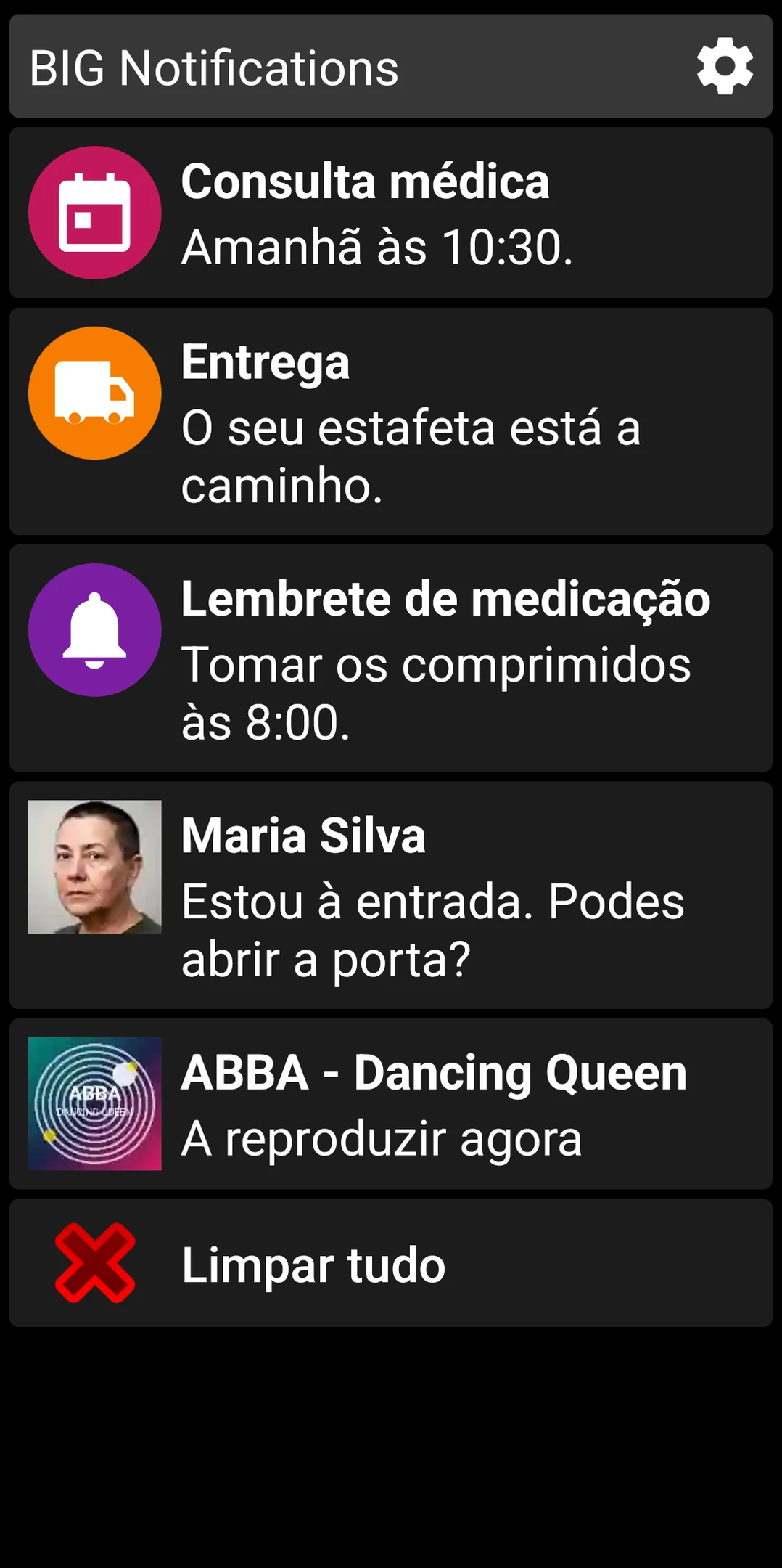 Lista do BIG Notifications a mostrar notificações do Android ampliadas