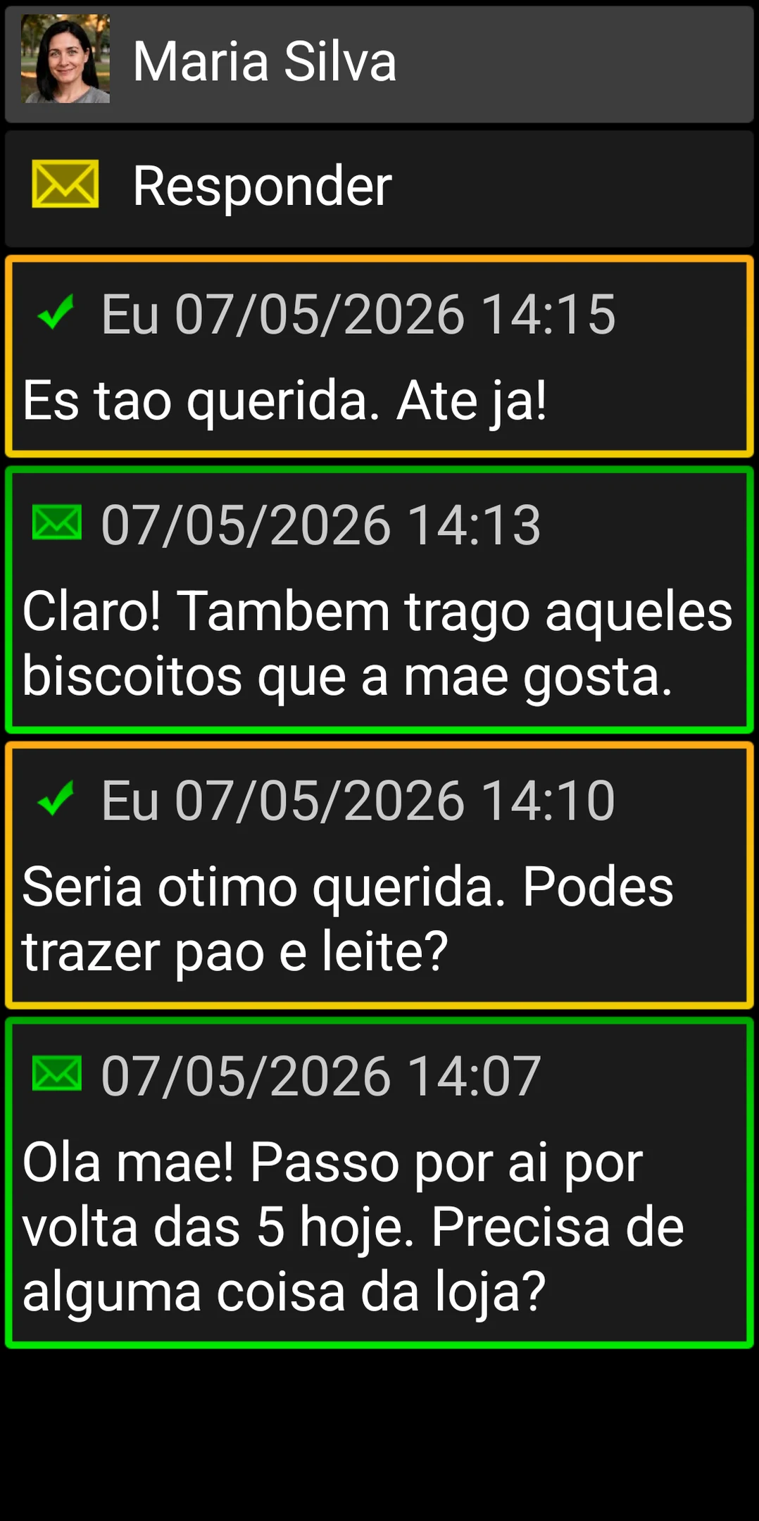 Conversa do BIG SMS com cartões de mensagem grandes e de alto contraste