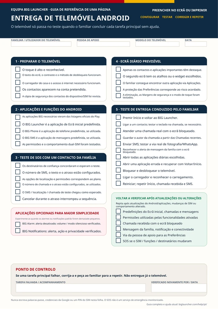 Pré-visualização da lista de verificação de uma página para a entrega do telemóvel Android