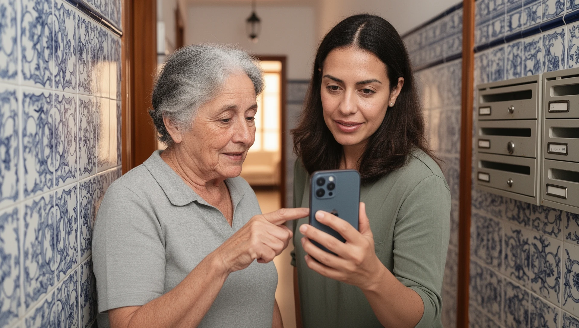 Homem mais velho a verificar um telemóvel Android com o seu filho adulto junto a uma estufa comunitária