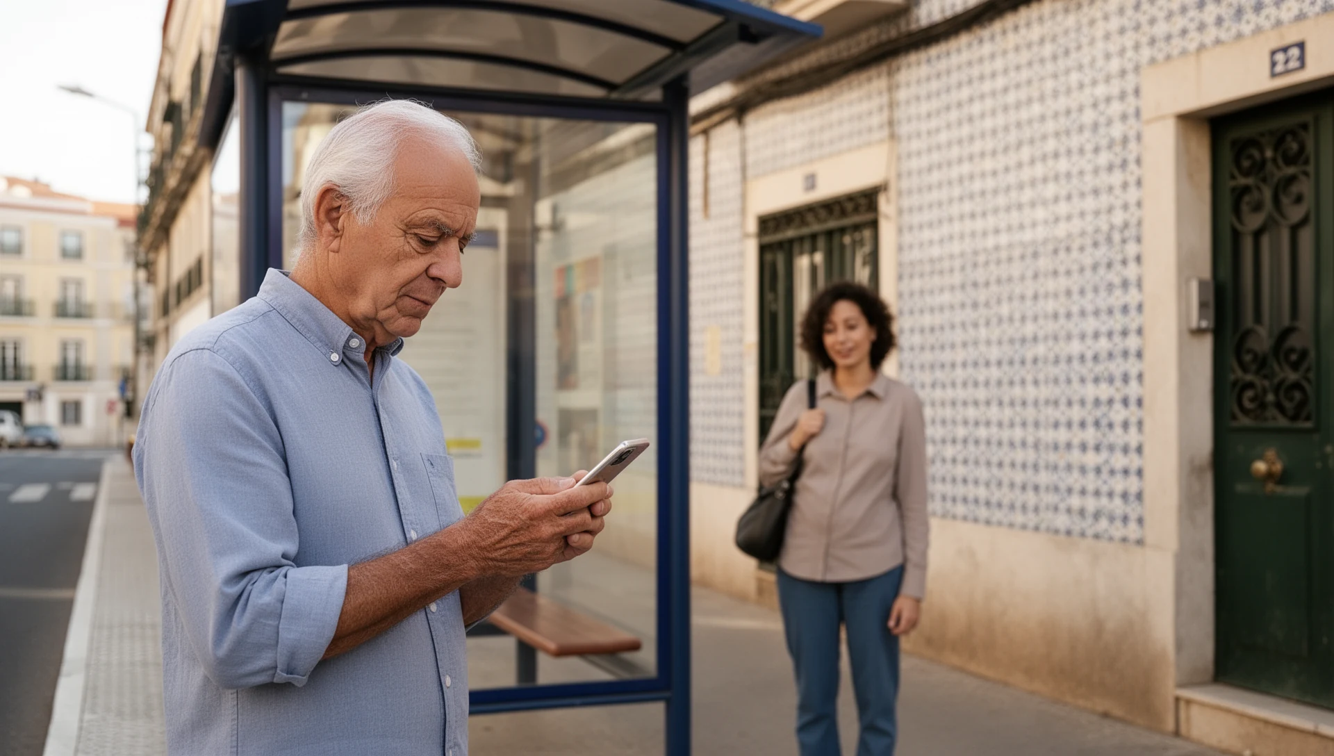 Homem mais velho a testar um smartphone de forma independente enquanto espera numa paragem de autocarro